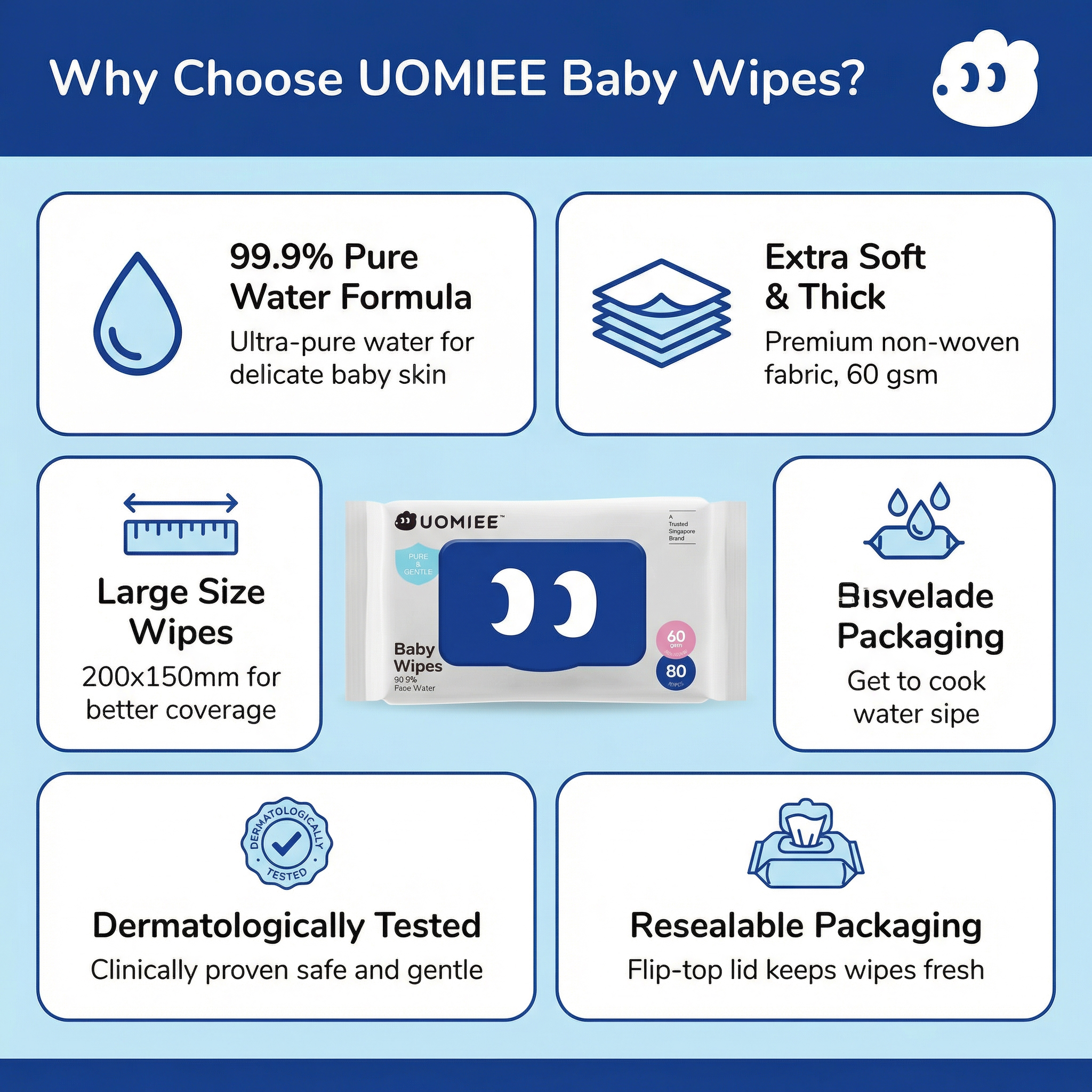UOMIEE Baby Wet Wipes 50 Sheets｜Alcohol & Fragrance Free｜Gentle for Newborn & Sensitive Skin