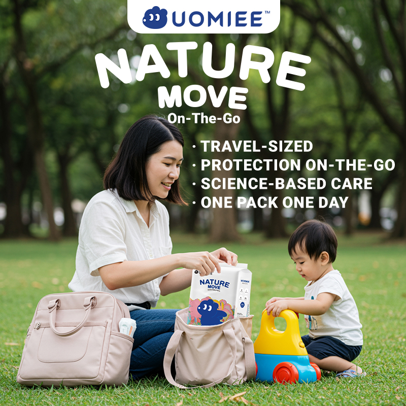 UOMIEE Nature Move Baby Diapers Travel Single Pack Plant-Based Soft Ultra Breathable Flexible Fit Long-Lasting Dryness