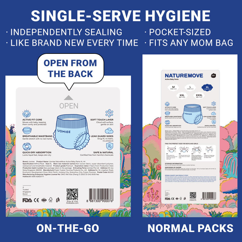 UOMIEE Nature Move Baby Diapers Travel Single Pack Plant-Based Soft Ultra Breathable Flexible Fit Long-Lasting Dryness