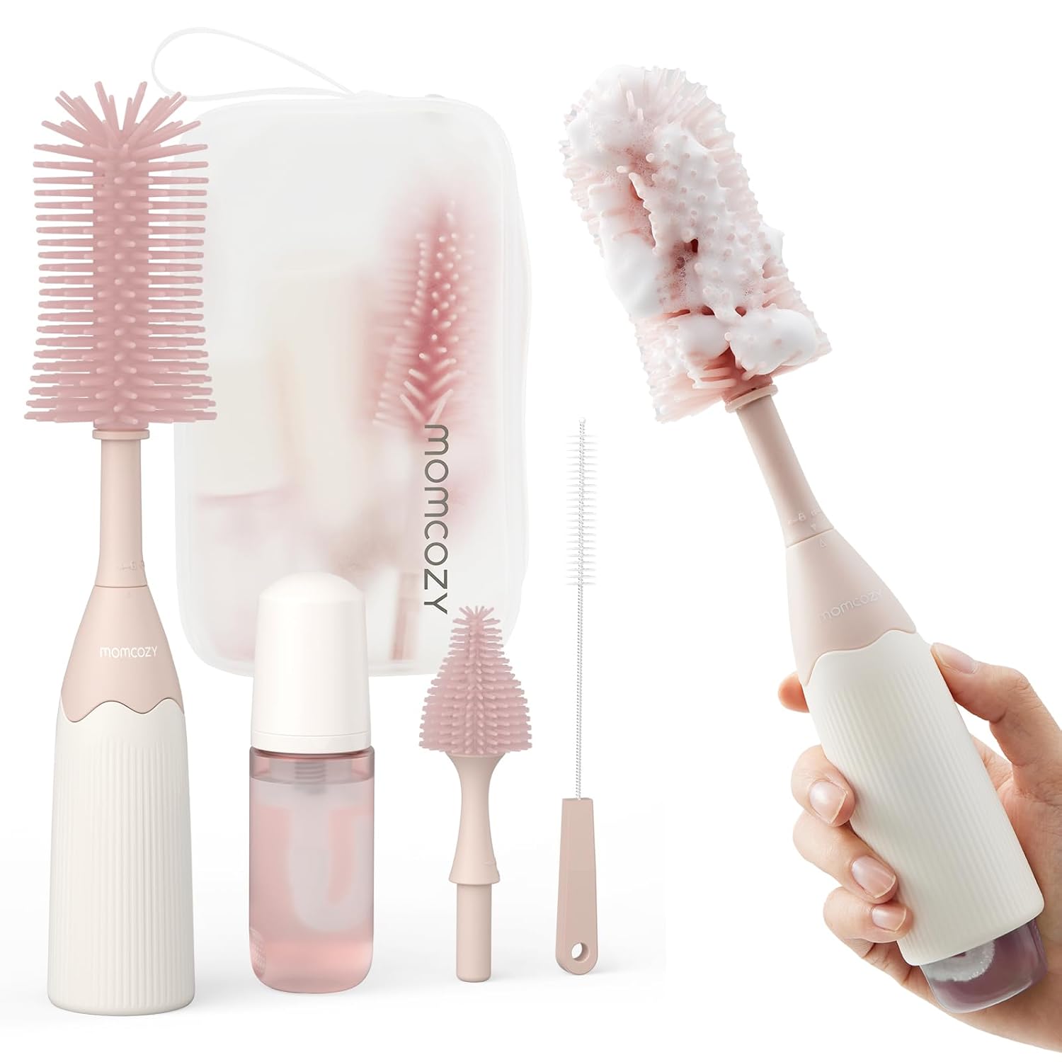 Momcozy Bottle Brush Kit, Innovative Push-Press Design for Better Cleaning - Baby Bottle Cleaner Brush for Baby Bottle, Breast Pumps, Nipples, and More - Can Generate Foam for Better Cleaning