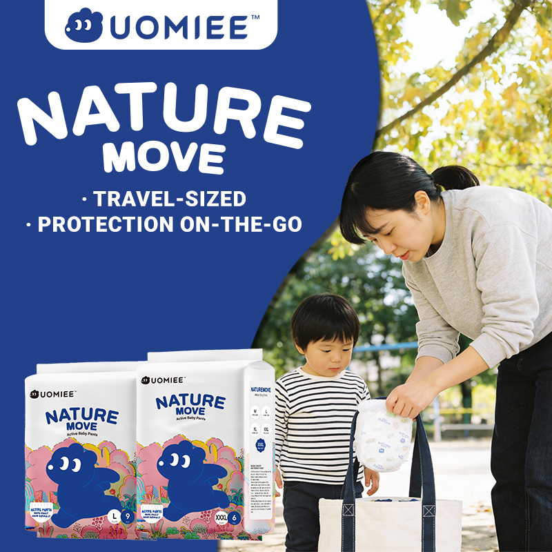 UOMIEE Nature Move Baby Diapers Travel Single Pack Plant-Based Soft Ultra Breathable Flexible Fit Long-Lasting Dryness