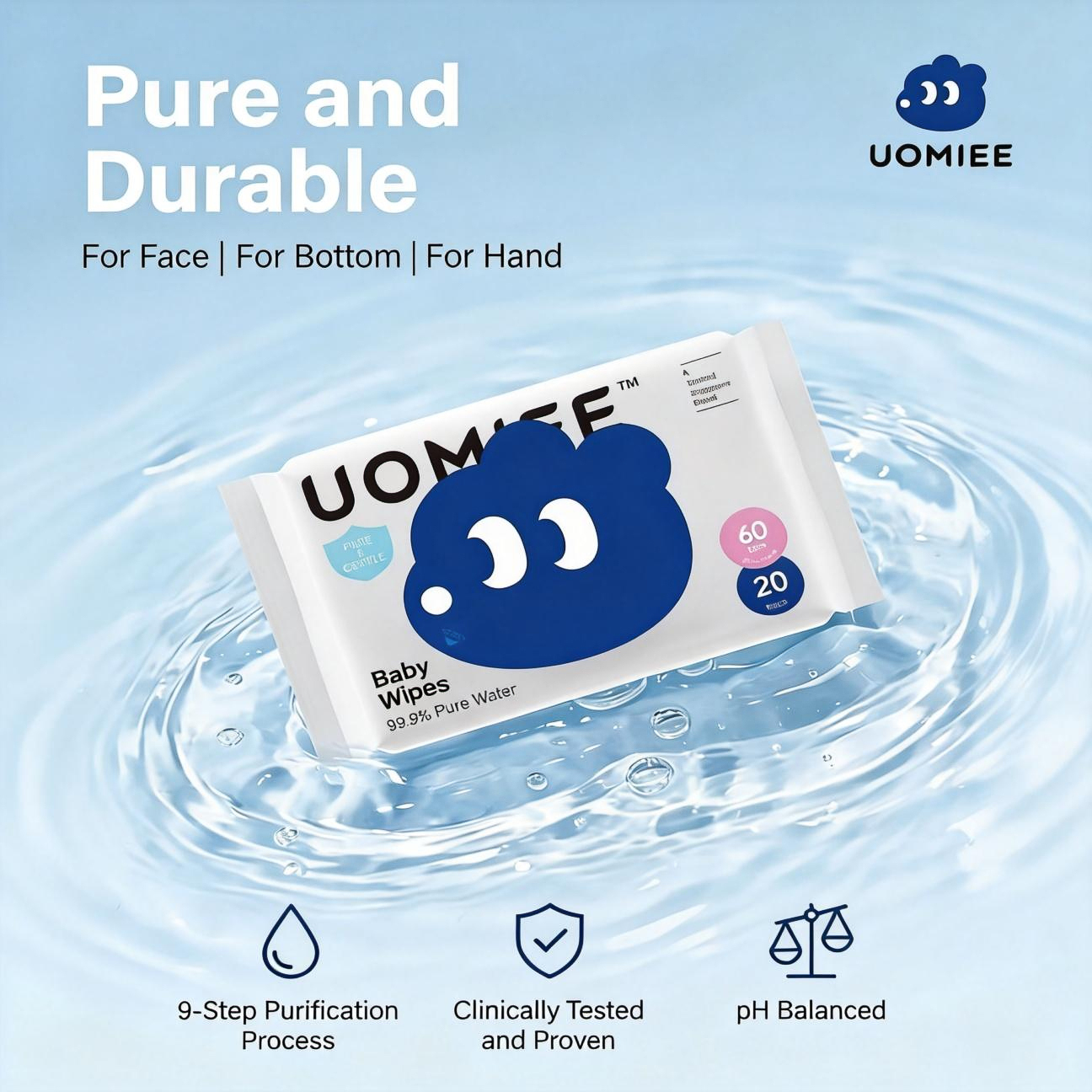 UOMIEE Baby Pure Water Wipes | Soft & Gentle Hand & Mouth Care | Suitable for Newborn | 20 Pulls