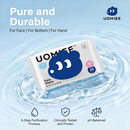 UOMIEE Baby Pure Water Wipes | Soft & Gentle Hand & Mouth Care | Suitable for Newborn | 20 Pulls