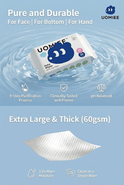 UOMIEE Baby Pure Water Wipes | Soft & Gentle Hand & Mouth Care | Suitable for Newborn | 20 Pulls