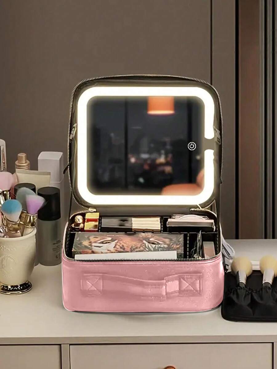 Travel Makeup Bag With Mirror Of LED Lighted Makeup Train Case With Adjustable Dividers, Makeup Case With Mirror