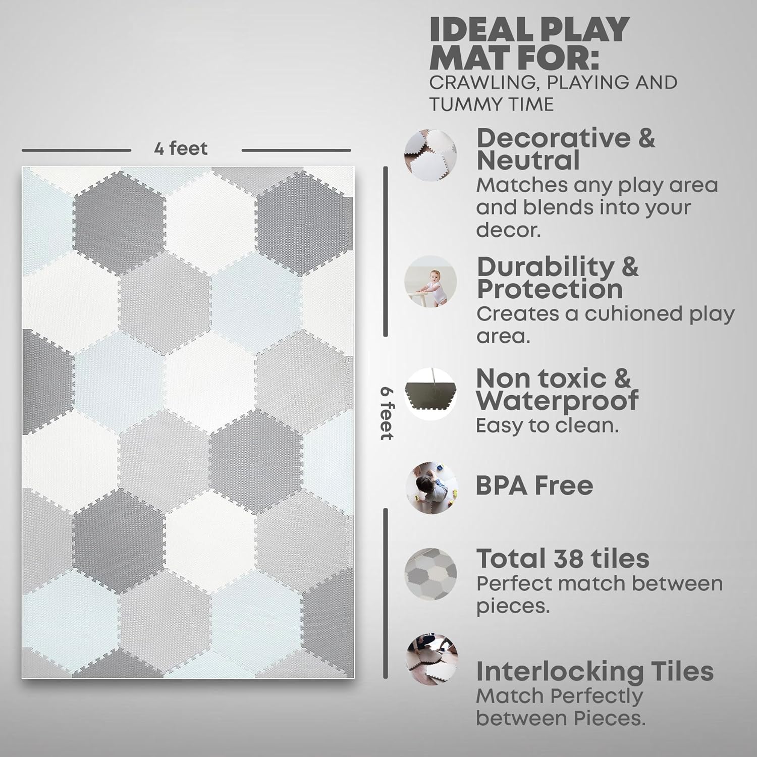 Baby Play Mat - Non-Toxic Extra-Thick Kid's Puzzle Exercise Activity Mat - Soft EVA Foam Interlocking Hexagon Floor Tiles, Grey & White, 48” x 72”