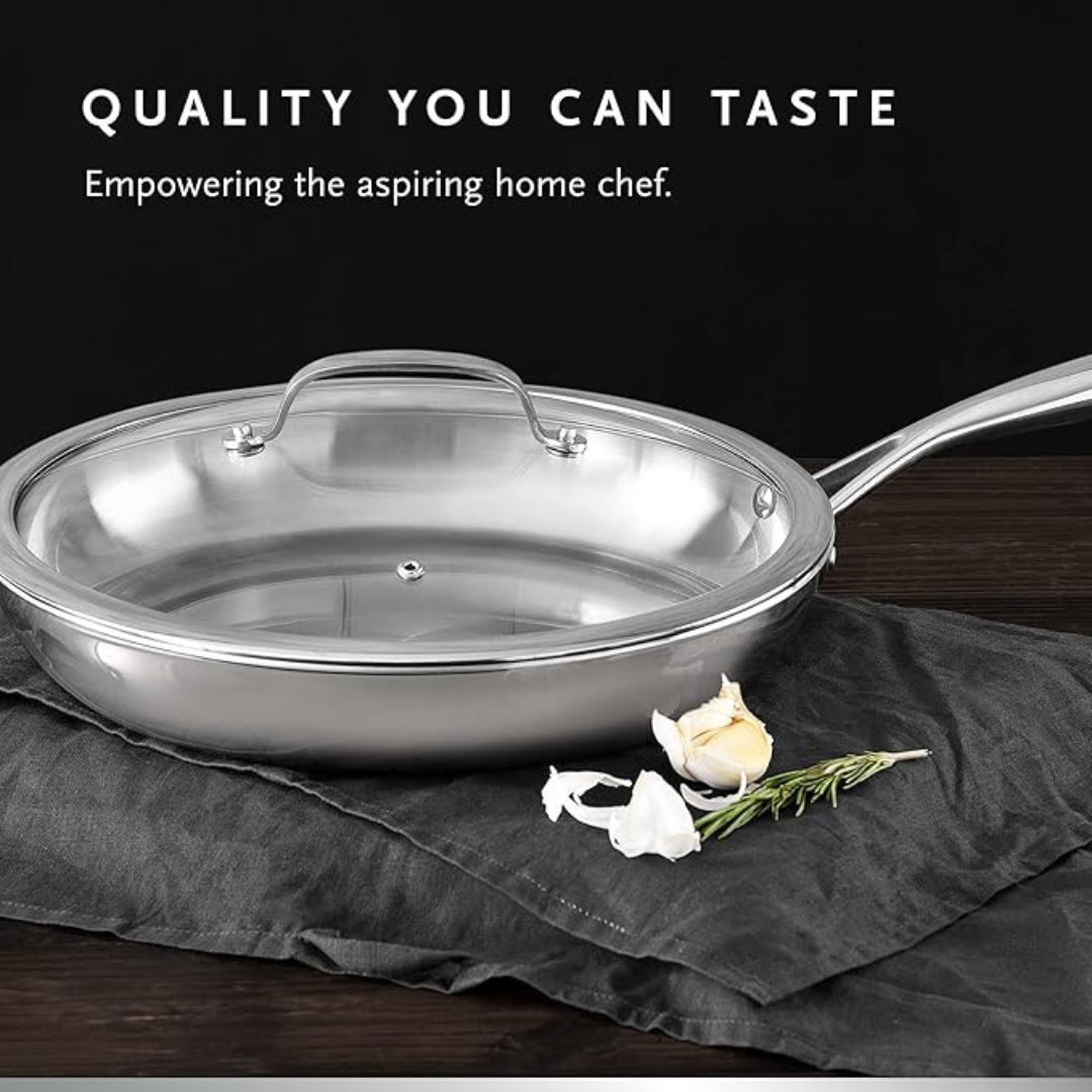 MasterPro - Frying Pan 30cm - Argent 3 Induction Stainless Steel Pan Set with Glass Lid, Professional Quality, Tri-Ply Multilayer for Improved Heat Retention & Distribution - Ovenproof