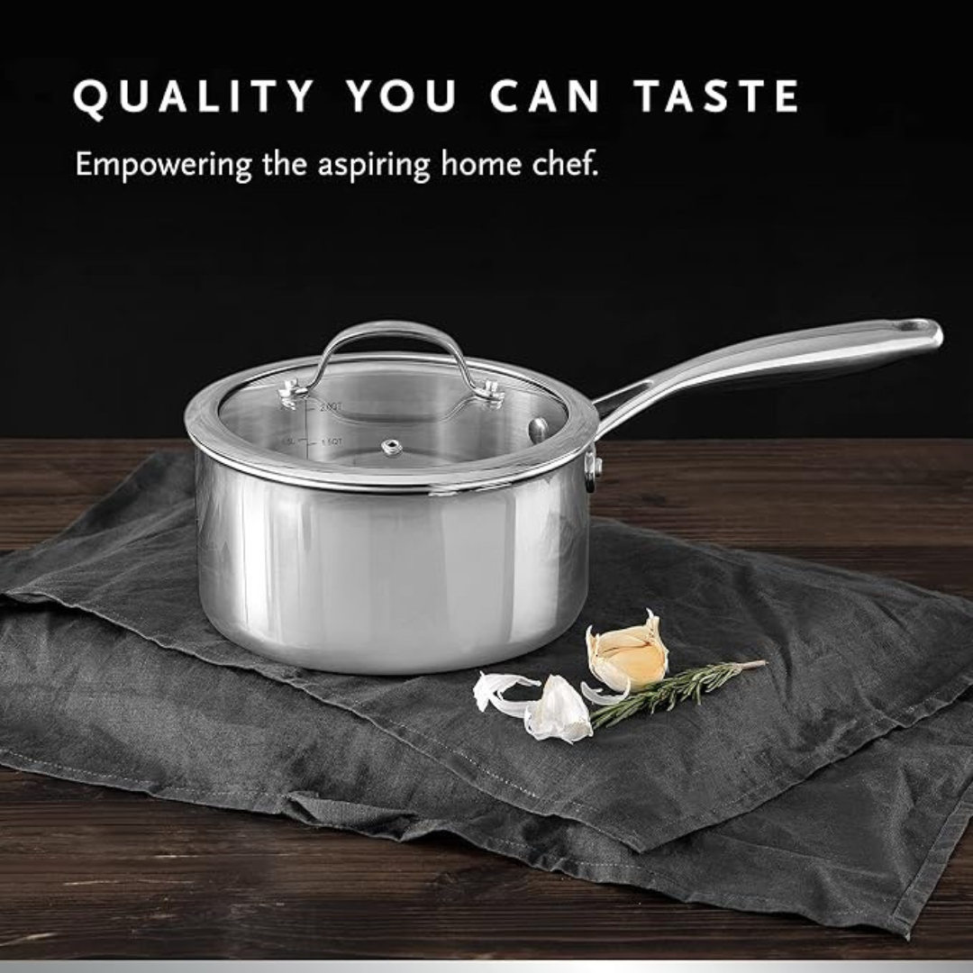 MasterPro - Saucepan with Glass Lid, 18cm - Argent 3 Induction Stainless Steel Pan, Professional Quality, Tri-Ply Multilayer for Improved Heat Retention & Distribution - Ovenproof