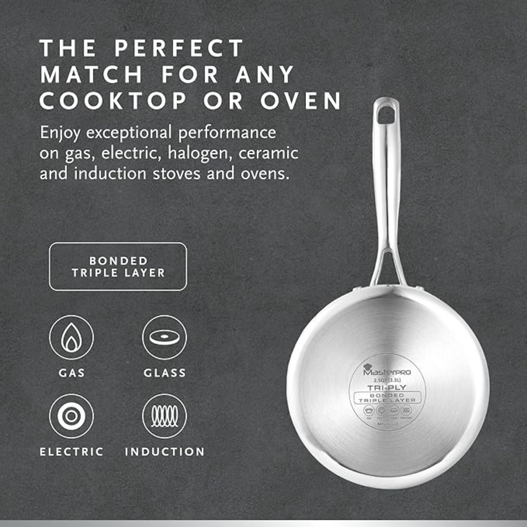 MasterPro - Saucepan with Glass Lid, 18cm - Argent 3 Induction Stainless Steel Pan, Professional Quality, Tri-Ply Multilayer for Improved Heat Retention & Distribution - Ovenproof