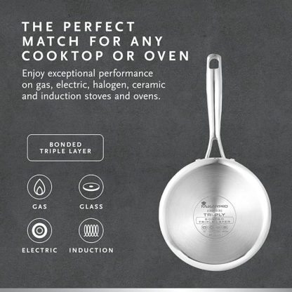 MasterPro - Saucepan with Glass Lid, 18cm - Argent 3 Induction Stainless Steel Pan, Professional Quality, Tri-Ply Multilayer for Improved Heat Retention & Distribution - Ovenproof
