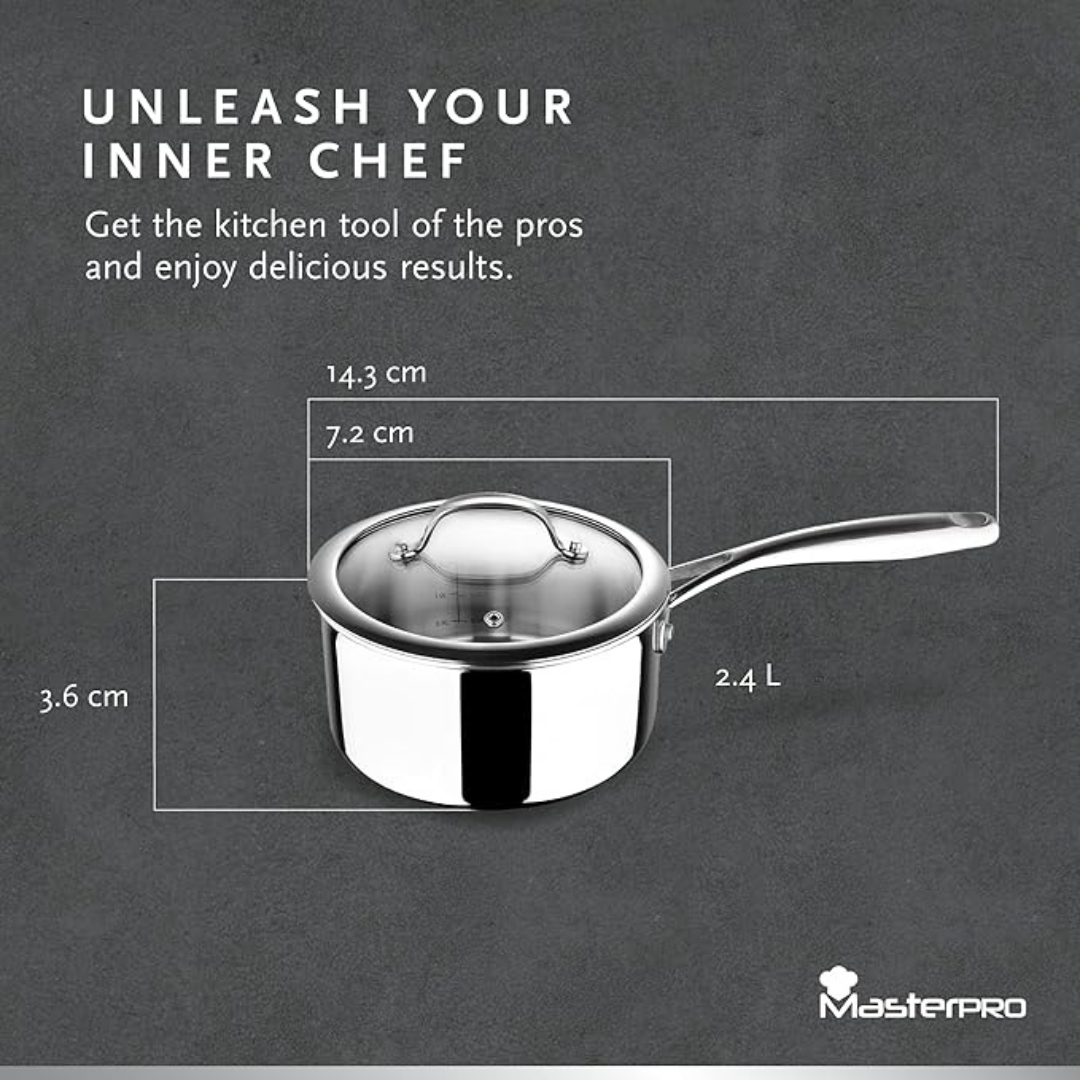 MasterPro - Saucepan with Glass Lid, 18cm - Argent 3 Induction Stainless Steel Pan, Professional Quality, Tri-Ply Multilayer for Improved Heat Retention & Distribution - Ovenproof