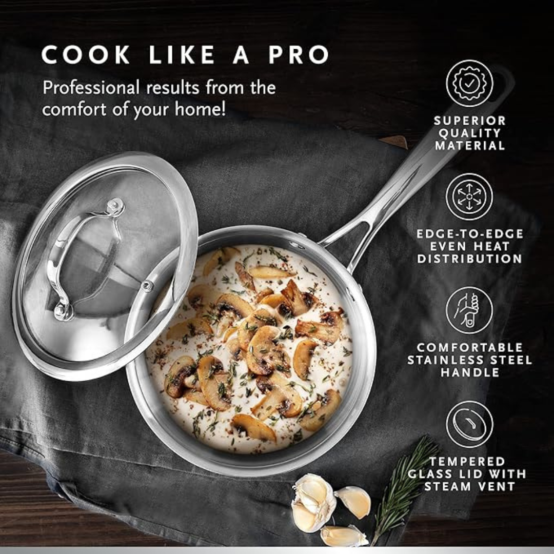 MasterPro - Saucepan with Glass Lid, 18cm - Argent 3 Induction Stainless Steel Pan, Professional Quality, Tri-Ply Multilayer for Improved Heat Retention & Distribution - Ovenproof