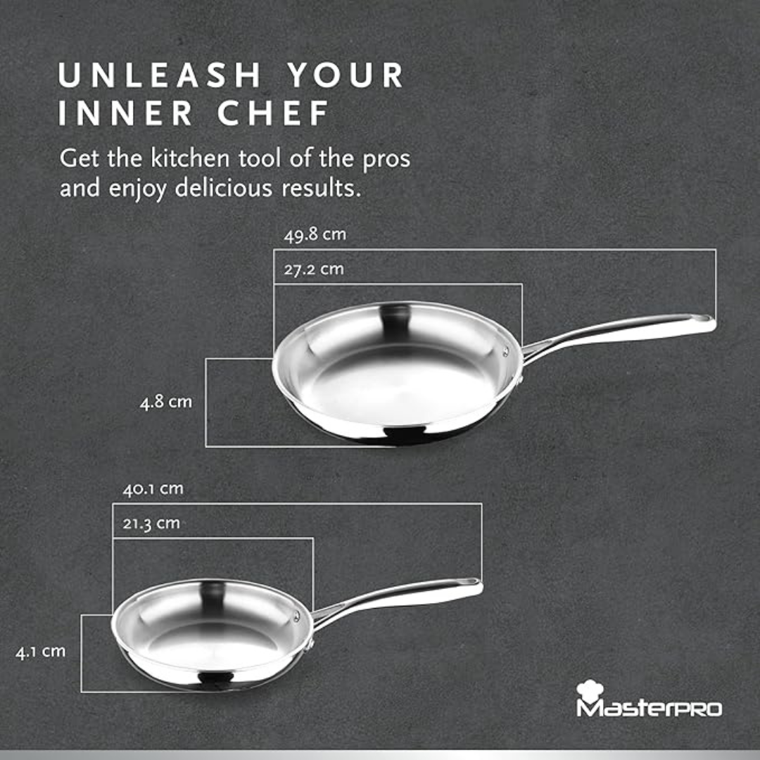 MasterPro - Frying Pans 20cm/26cm Set of 2 - Argent 3 Induction Stainless Steel Pan Set, Professional Quality, Tri-Ply Multilayer for Improved Heat Retention & Distribution - Ovenproof - Silver