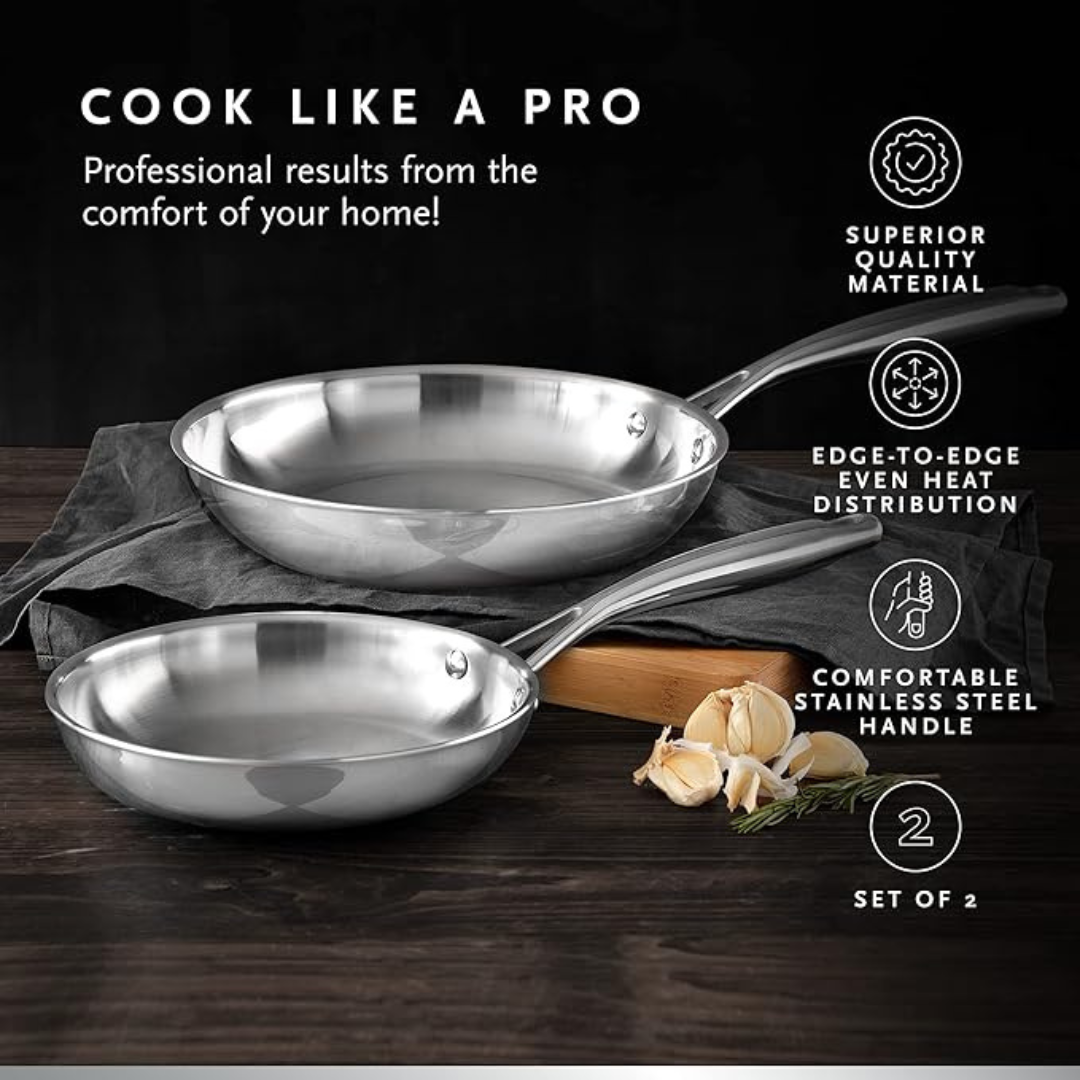 MasterPro - Frying Pans 20cm/26cm Set of 2 - Argent 3 Induction Stainless Steel Pan Set, Professional Quality, Tri-Ply Multilayer for Improved Heat Retention & Distribution - Ovenproof - Silver