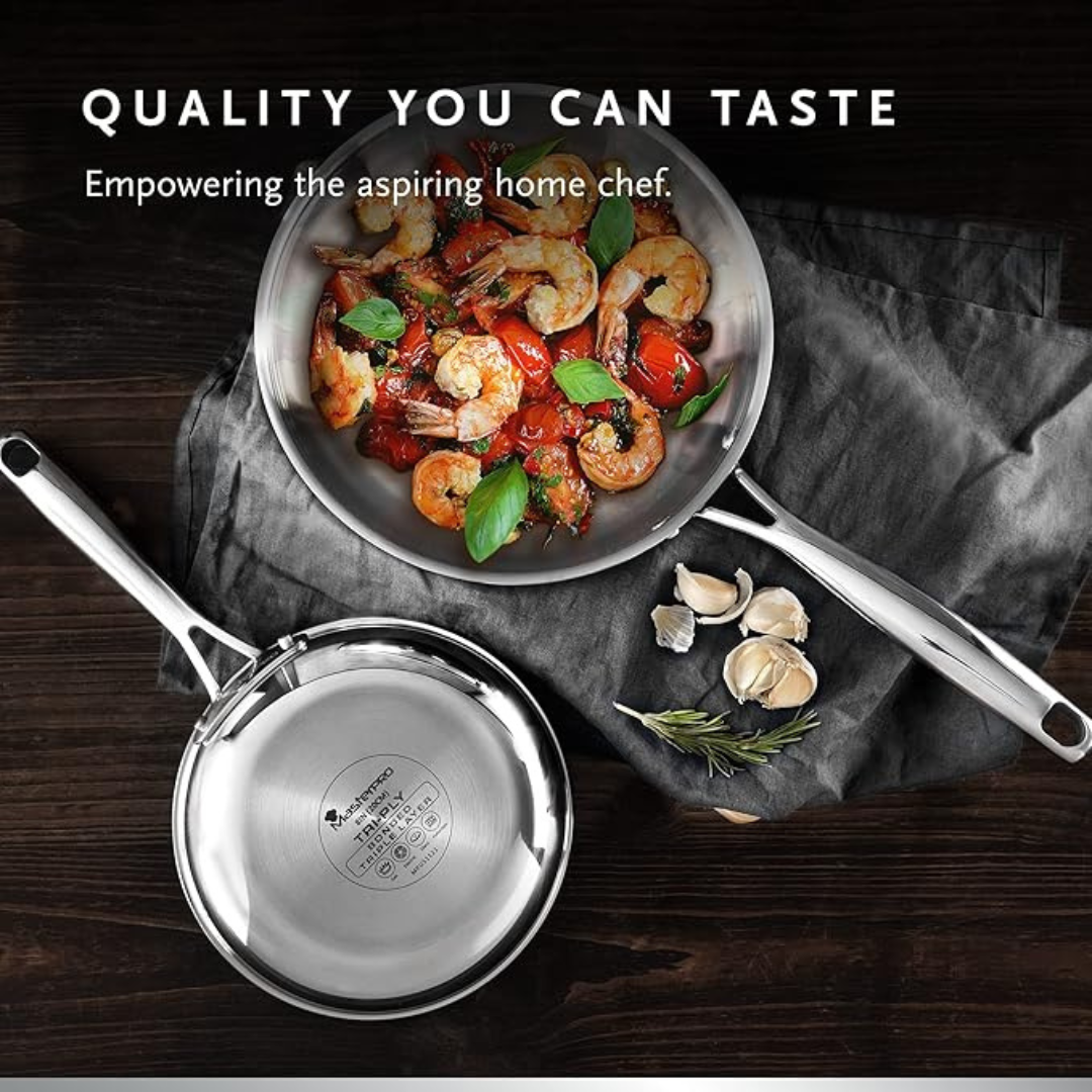 MasterPro - Frying Pans 20cm/26cm Set of 2 - Argent 3 Induction Stainless Steel Pan Set, Professional Quality, Tri-Ply Multilayer for Improved Heat Retention & Distribution - Ovenproof - Silver