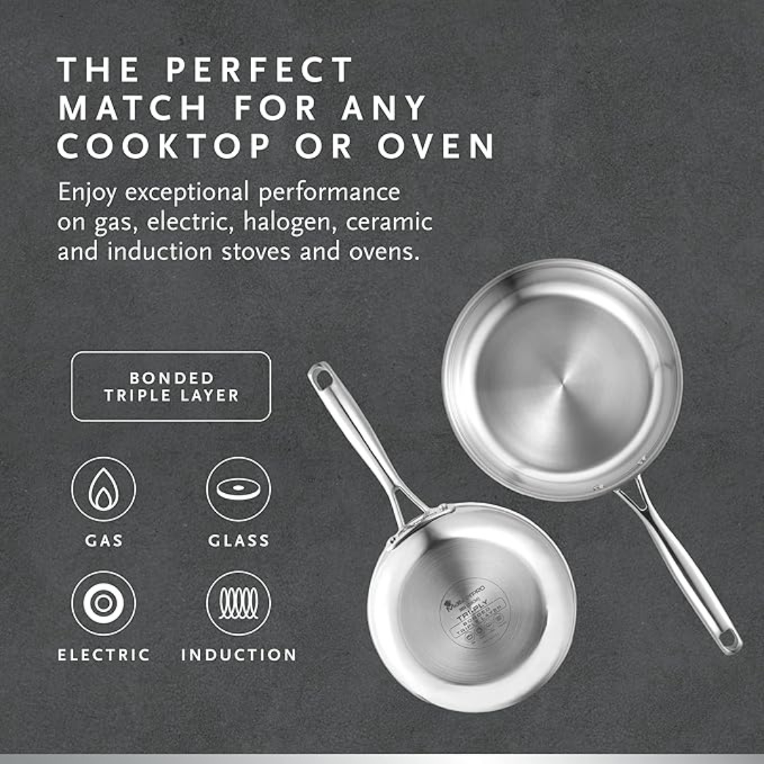 MasterPro - Frying Pans 20cm/26cm Set of 2 - Argent 3 Induction Stainless Steel Pan Set, Professional Quality, Tri-Ply Multilayer for Improved Heat Retention & Distribution - Ovenproof - Silver