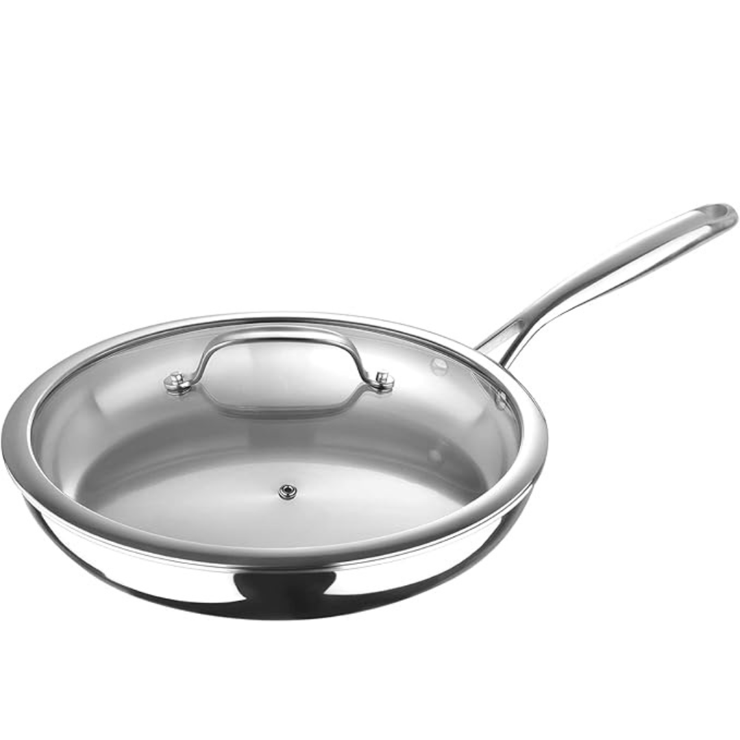 MasterPro - Frying Pan 30cm - Argent 3 Induction Stainless Steel Pan Set with Glass Lid, Professional Quality, Tri-Ply Multilayer for Improved Heat Retention & Distribution - Ovenproof