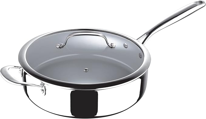 MasterPro - Saute Pan with Glass Lid, 28cm - Argent 3 Induction Stainless Steel Pan, Professional Quality, Tri-Ply Multilayer for Improved Heat Retention & Distribution - Ovenproof