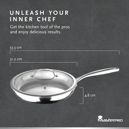 MasterPro - Frying Pan 30cm - Argent 3 Induction Stainless Steel Pan Set with Glass Lid, Professional Quality, Tri-Ply Multilayer for Improved Heat Retention & Distribution - Ovenproof