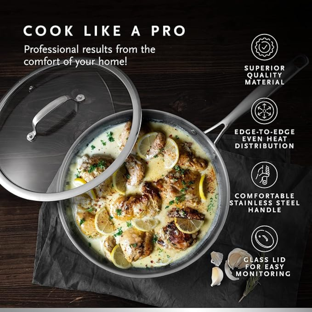 MasterPro - Frying Pan 30cm - Argent 3 Induction Stainless Steel Pan Set with Glass Lid, Professional Quality, Tri-Ply Multilayer for Improved Heat Retention & Distribution - Ovenproof