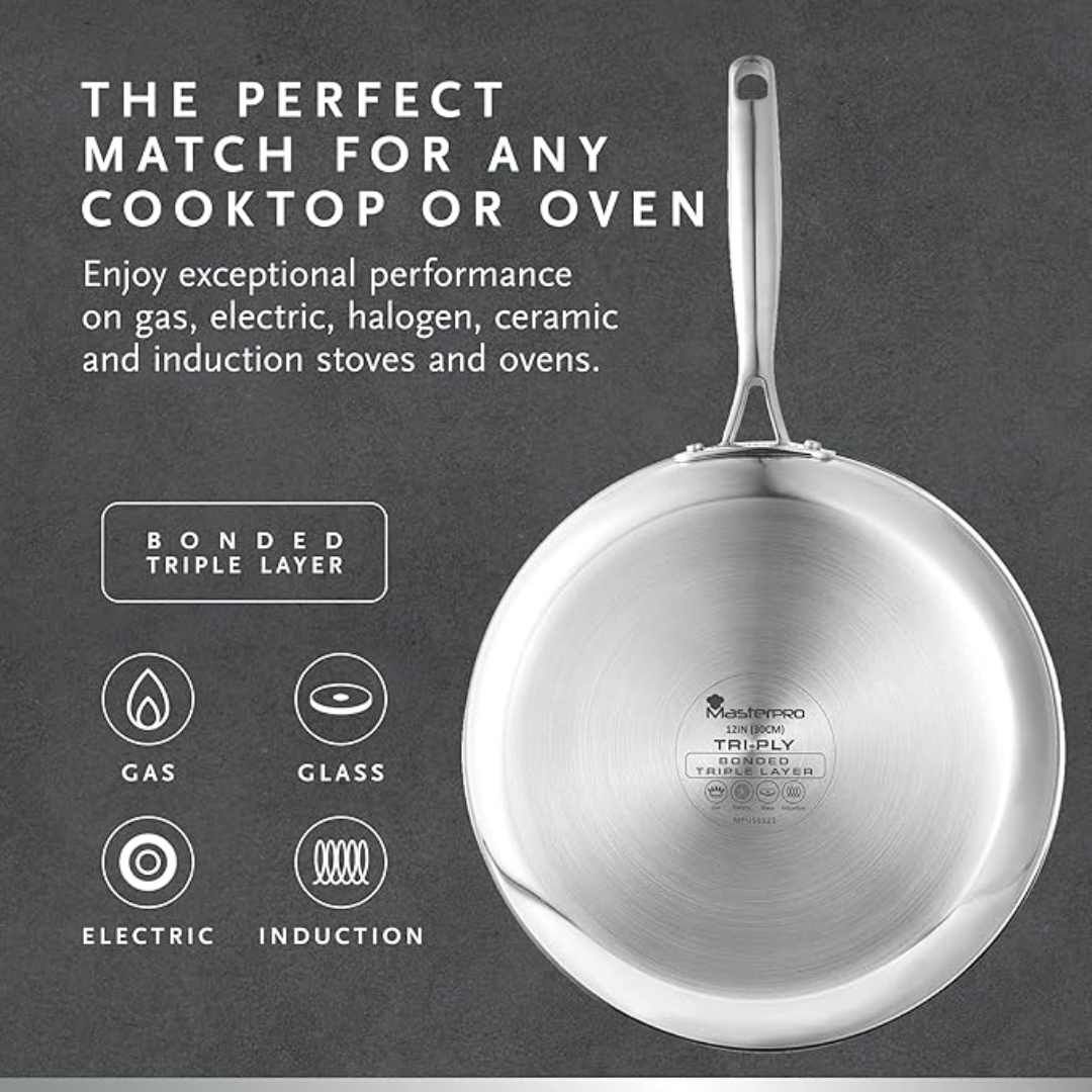 MasterPro - Frying Pan 30cm - Argent 3 Induction Stainless Steel Pan Set with Glass Lid, Professional Quality, Tri-Ply Multilayer for Improved Heat Retention & Distribution - Ovenproof