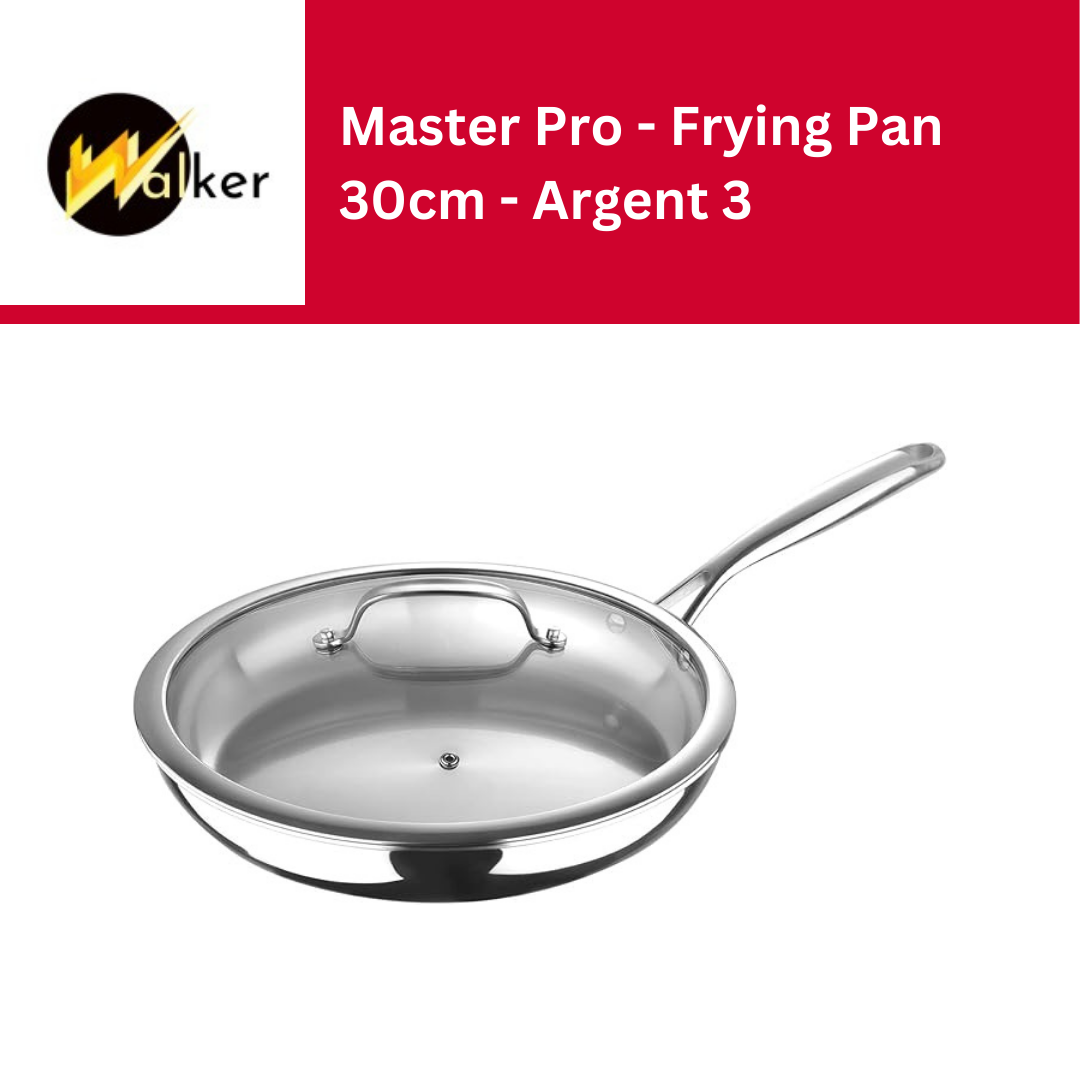 MasterPro - Frying Pan 30cm - Argent 3 Induction Stainless Steel Pan Set with Glass Lid, Professional Quality, Tri-Ply Multilayer for Improved Heat Retention & Distribution - Ovenproof