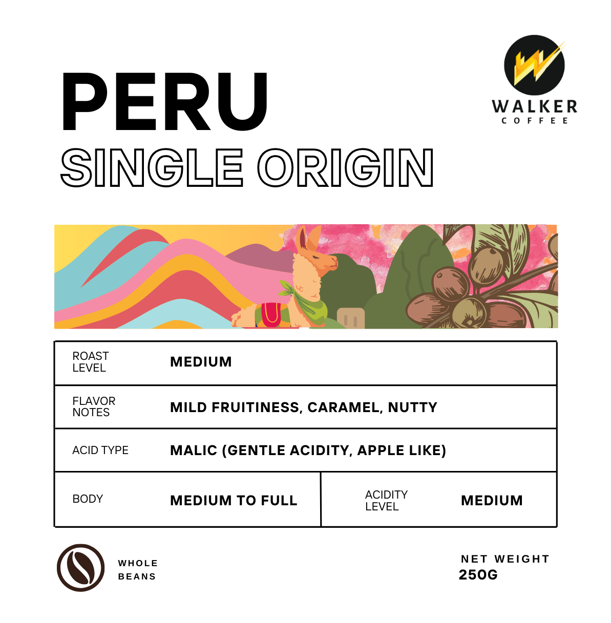 Walker Single Origin Peru Coffee Beans 250g