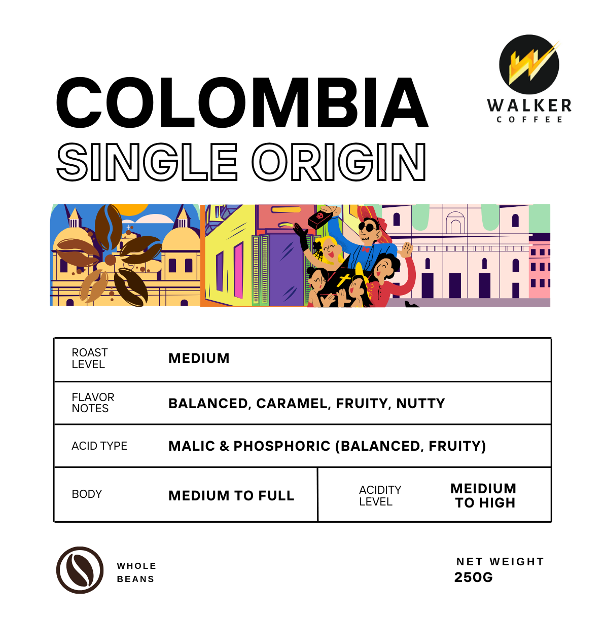 Walker Single Origin Colombia Coffee Beans 250g