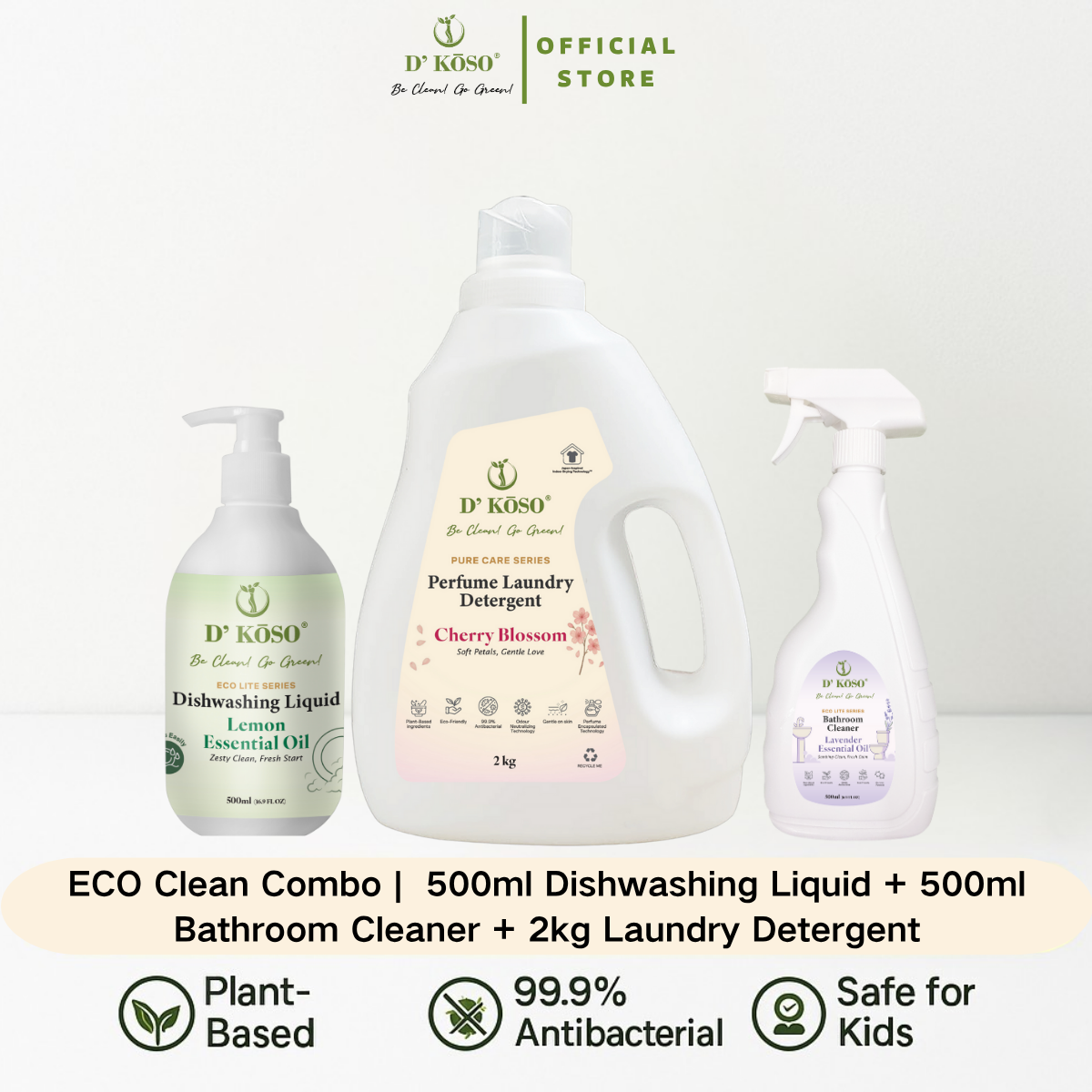 Eco Clean Combo (2kg Baby Laundry Detergent + 500ml Dishwashing + 500ml Bathroom Cleaner)