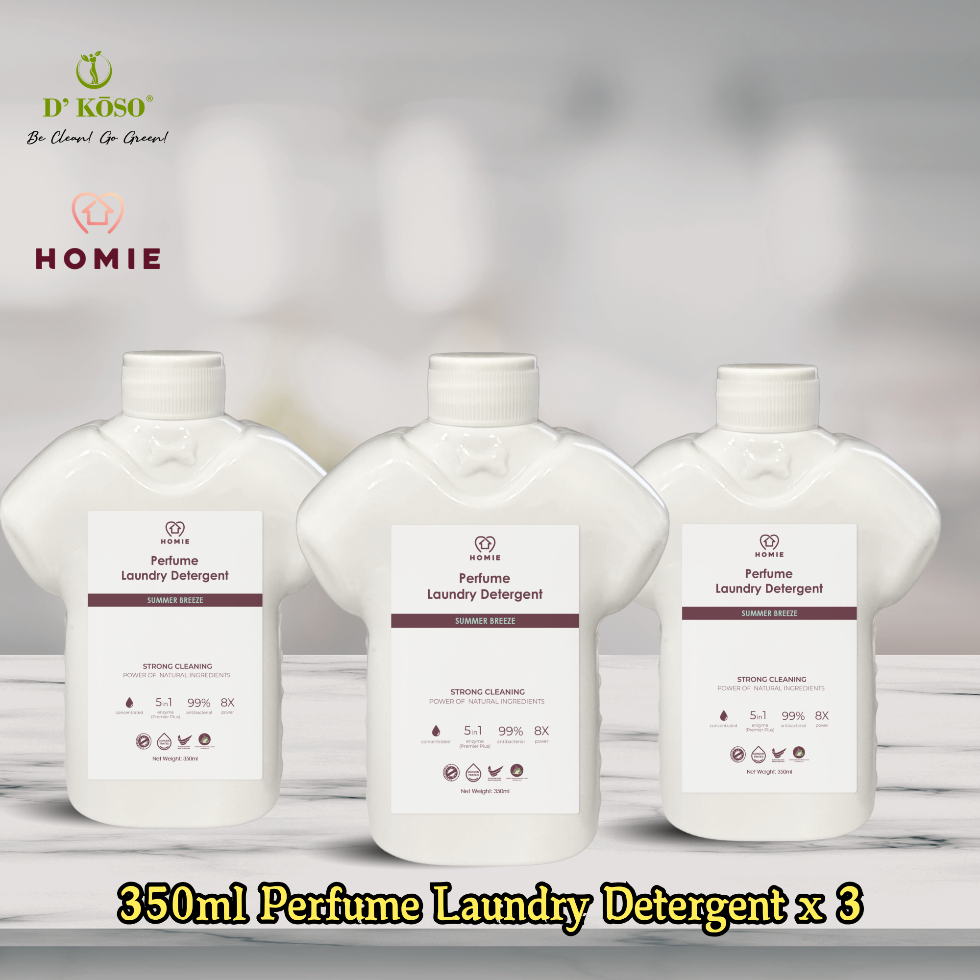 [3 Bottle per set] HOMIE Enzyme Anti-Bacterial Perfume Laundry Detergent 350ml
