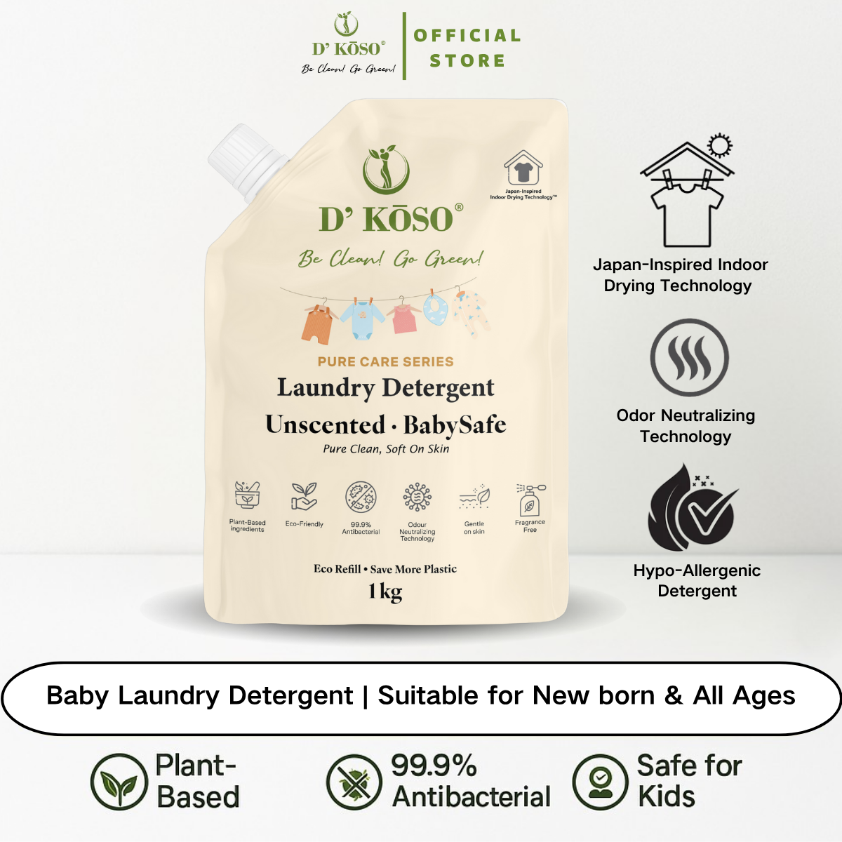 Laundry Detergent 1kg Refill Pack - Unscented . Baby Safe