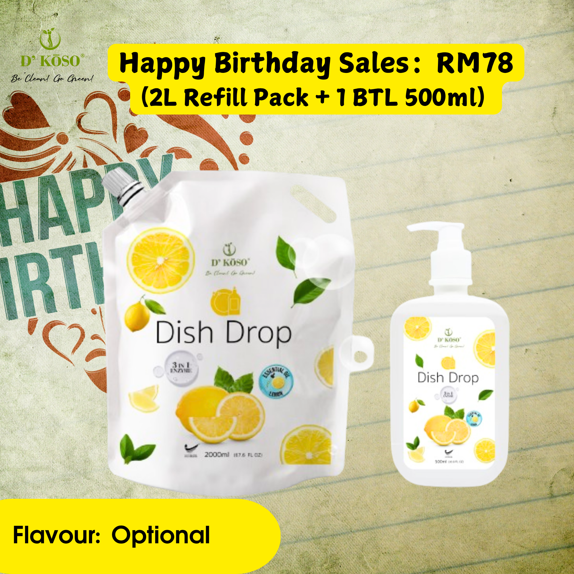 [Joey Happy Birthday] 3 in 1 Enzyme Dishdrop Refill Pack (2000ml) + 500ml Dish Drop