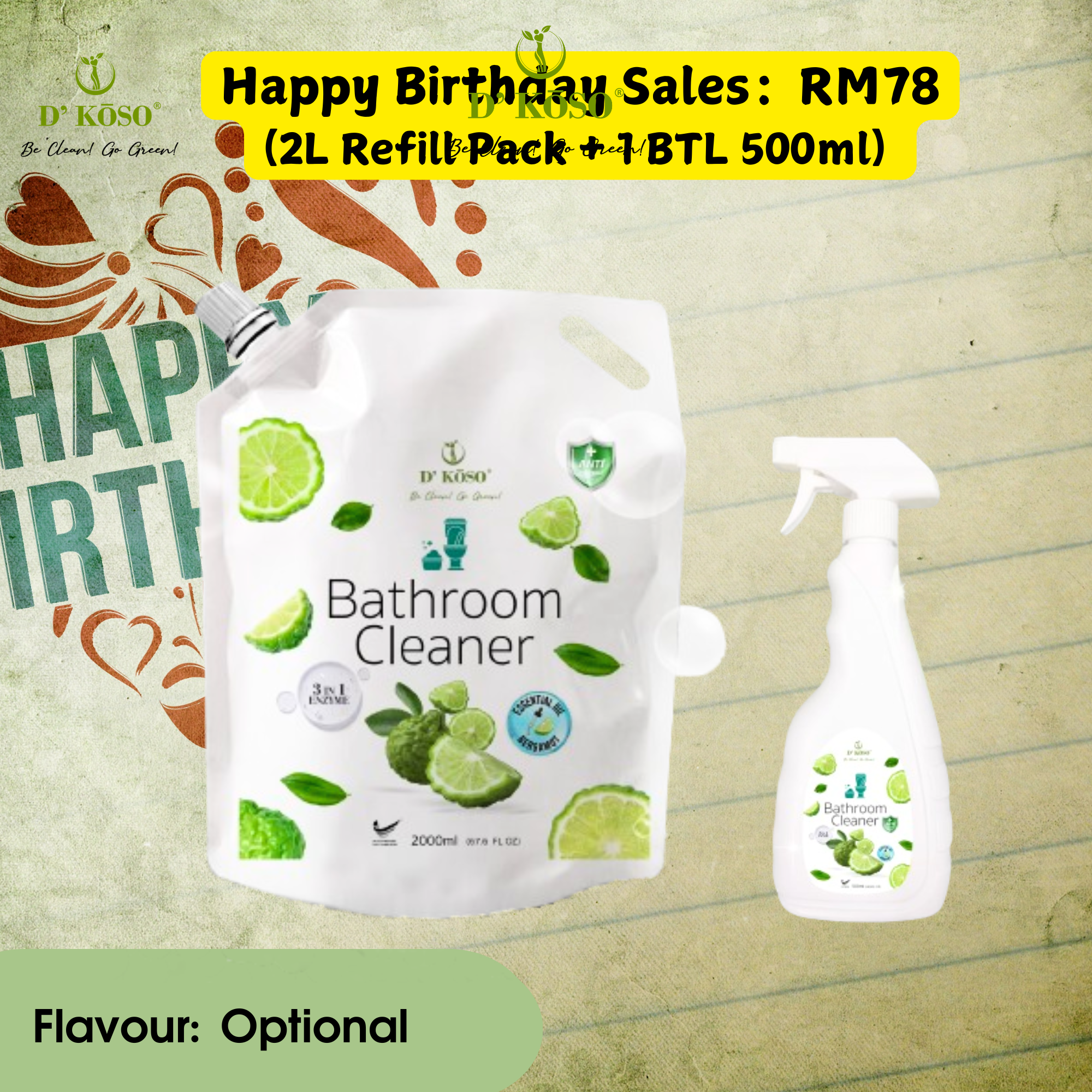 [Joey Happy Birthday] 3 in 1 Enzyme Bathroom Cleaner Refill Pack (2000ml) + 500ml Bathroom Cleaner