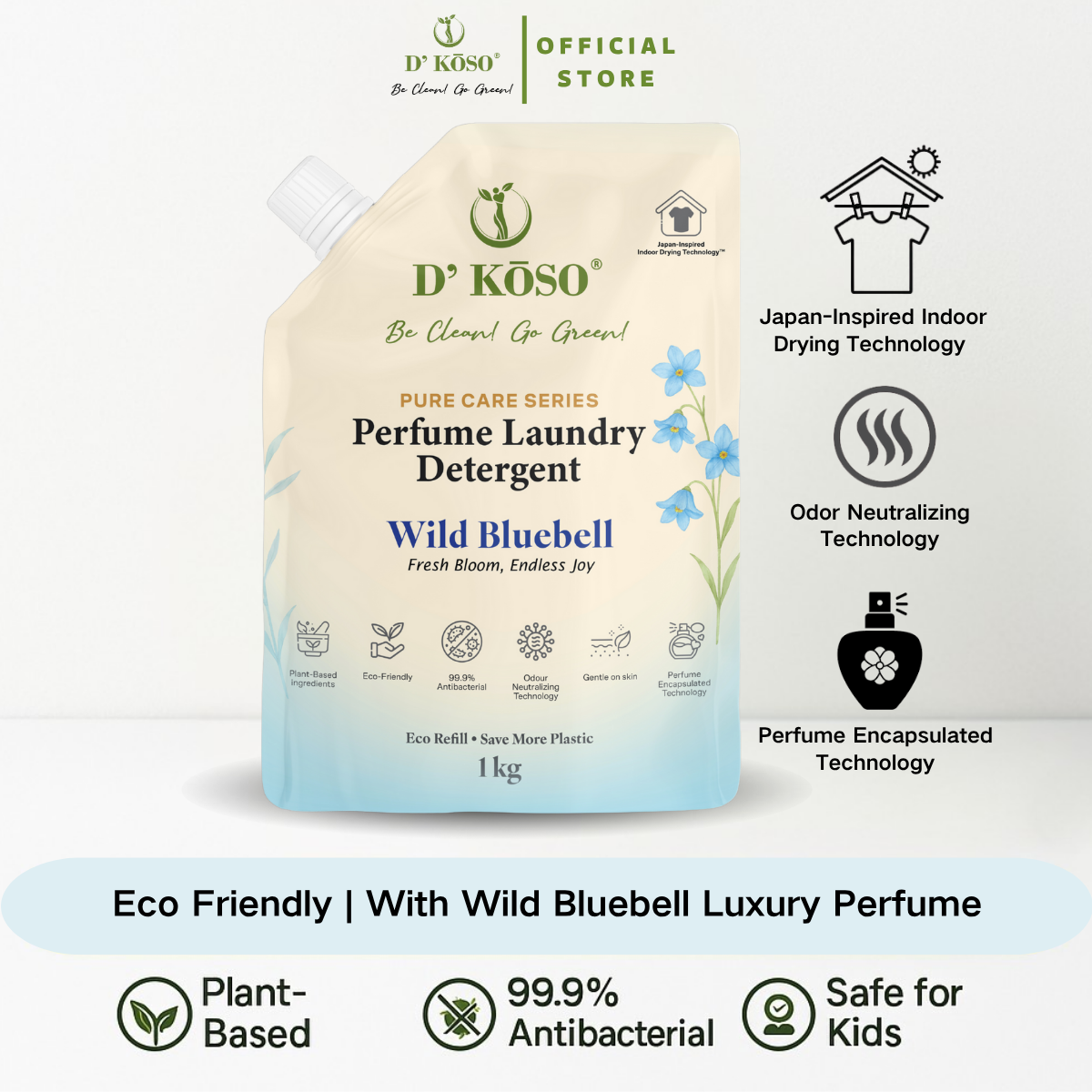  Perfume Laundry Detergent 1kg Refill Pack - Wild Bluebell