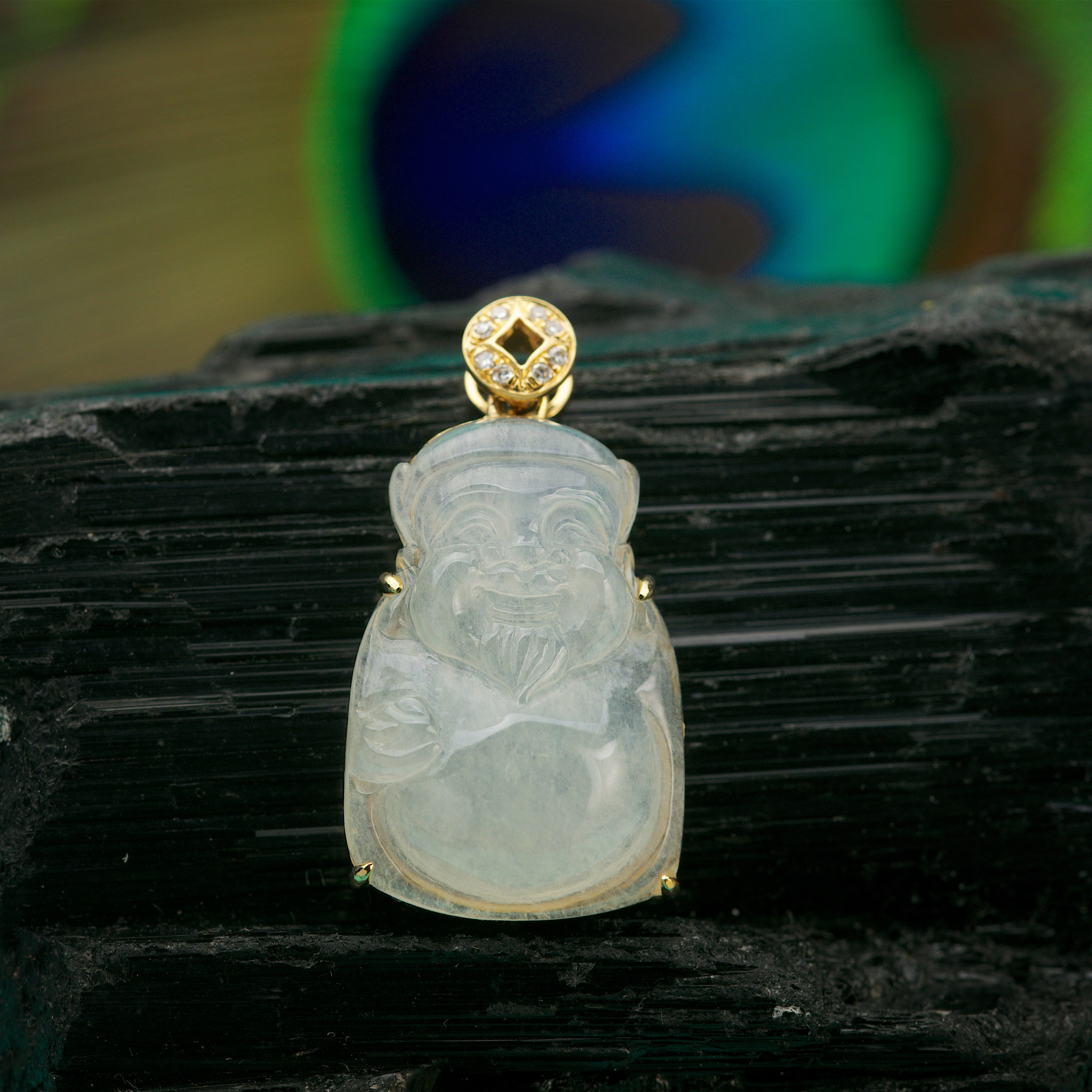 18K Yellow Gold God of Fortune Jade Pendant (PJA00512)