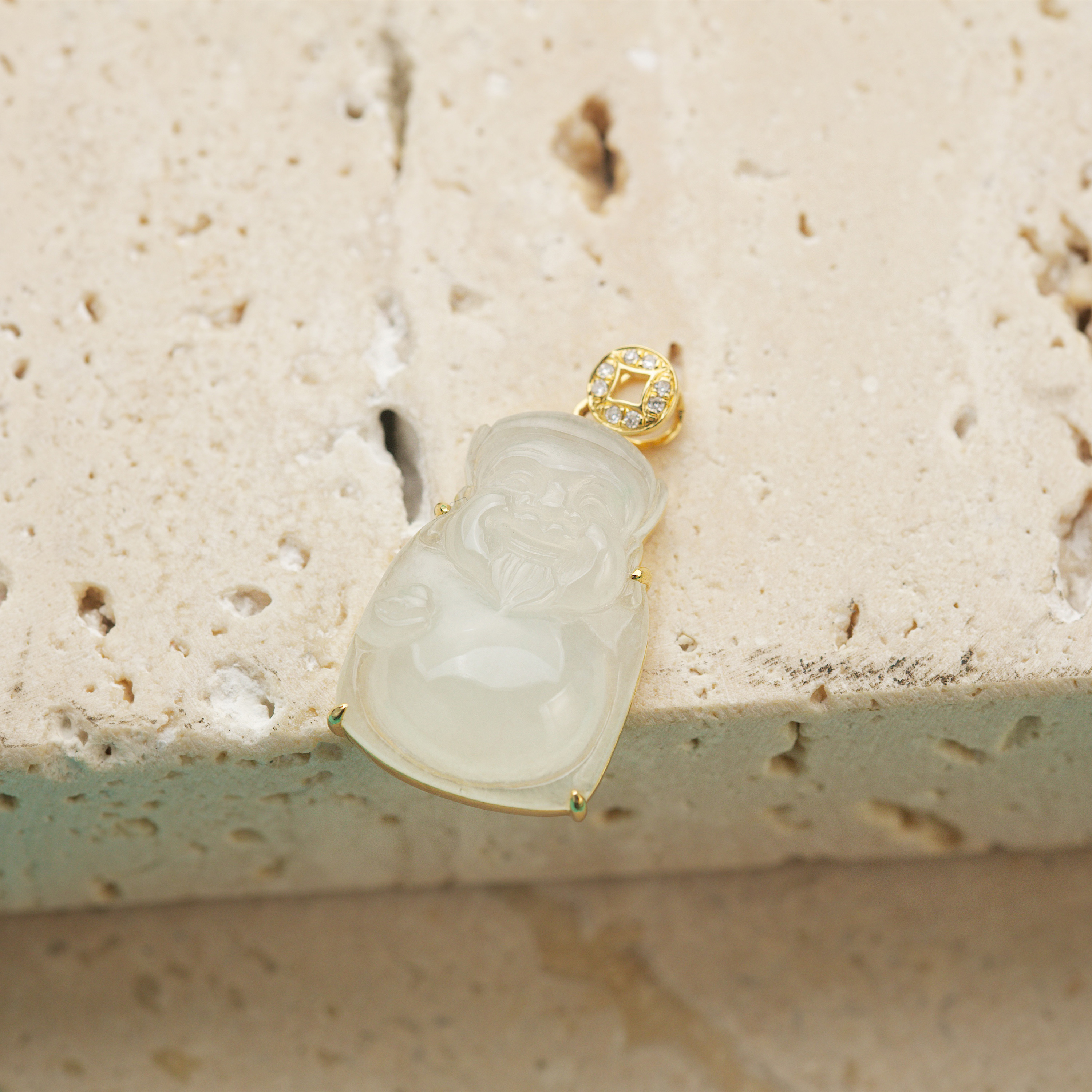 18K Yellow Gold God of Fortune Jade Pendant (PJA00512)