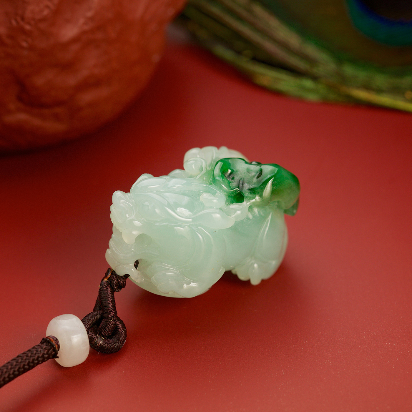 Faint Green Pixiu with Hint of Intense Green at Tail - Jadeite Ornament  (PJA00596)