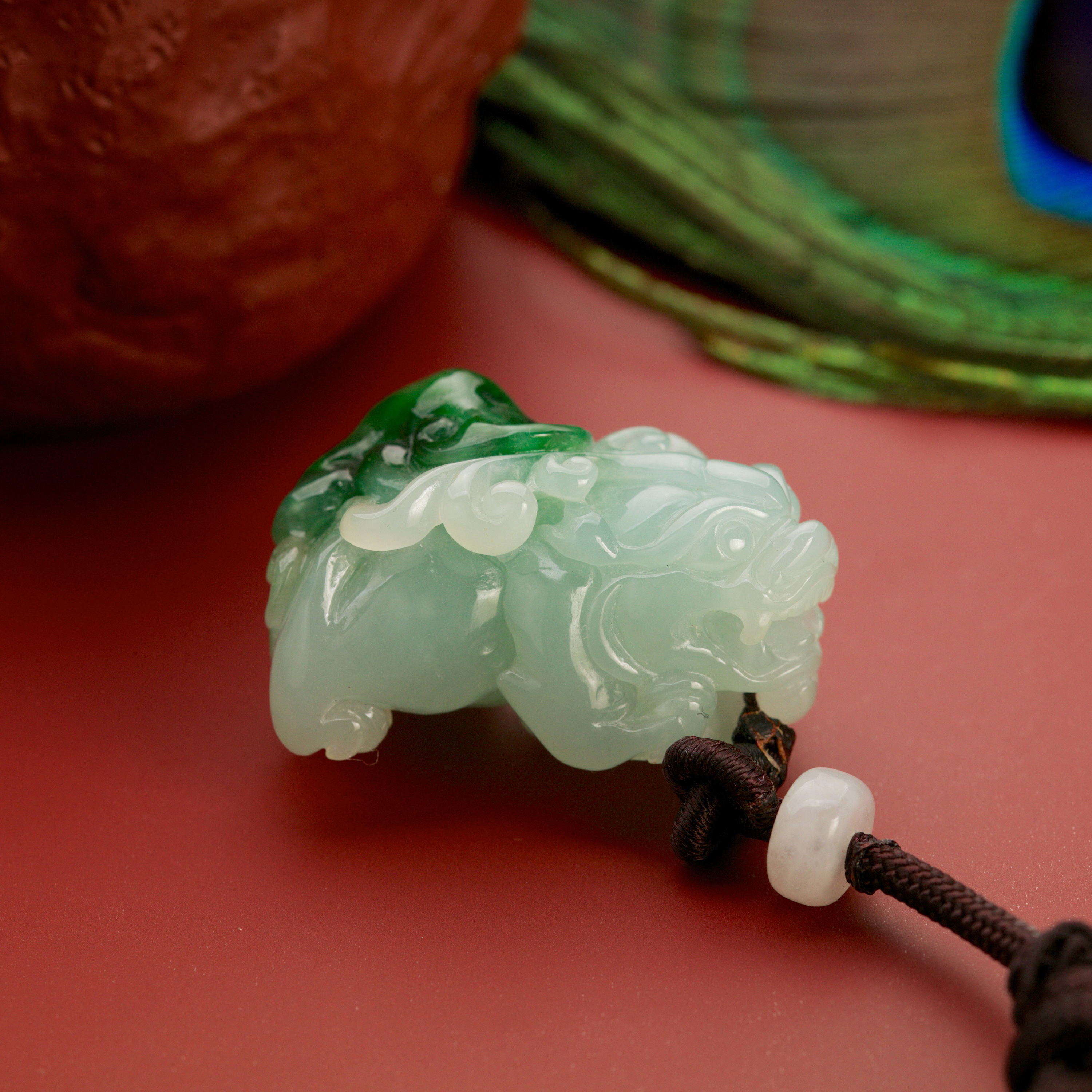 Faint Green Pixiu with Hint of Intense Green at Tail - Jadeite Ornament  (PJA00596)