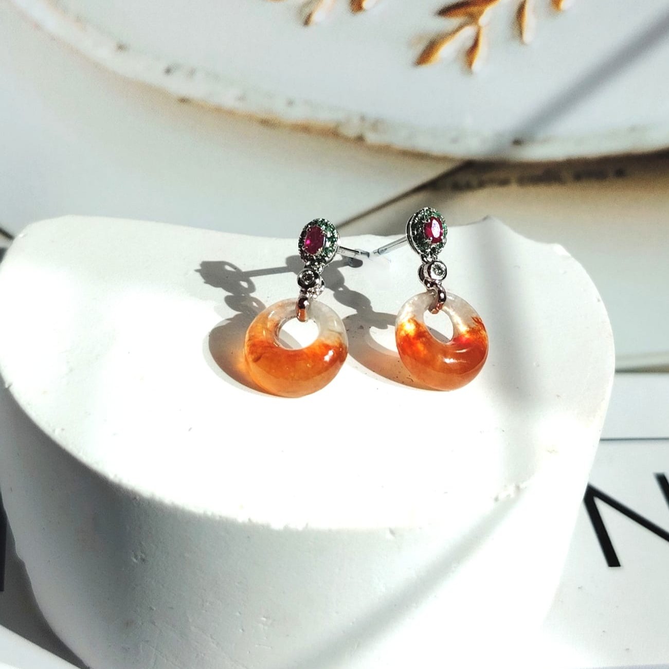 18K White Gold Icy Fanta Orange Princess Safety Coin "公主平安扣“Jade Earrings (PJA01357)