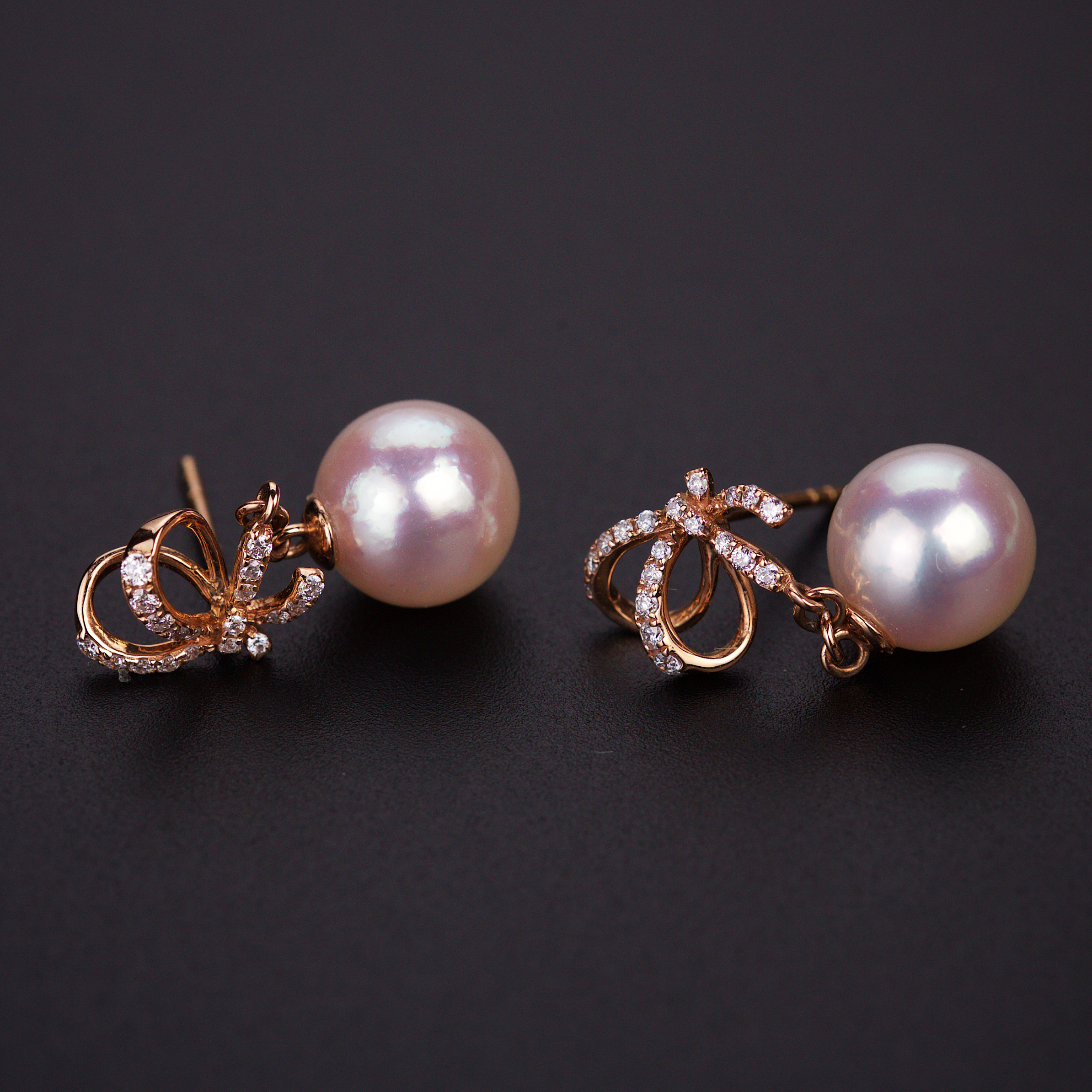 18k Rose Gold Akoya Pearl Ribbon and Bow Drop Earrings (PPE00002)