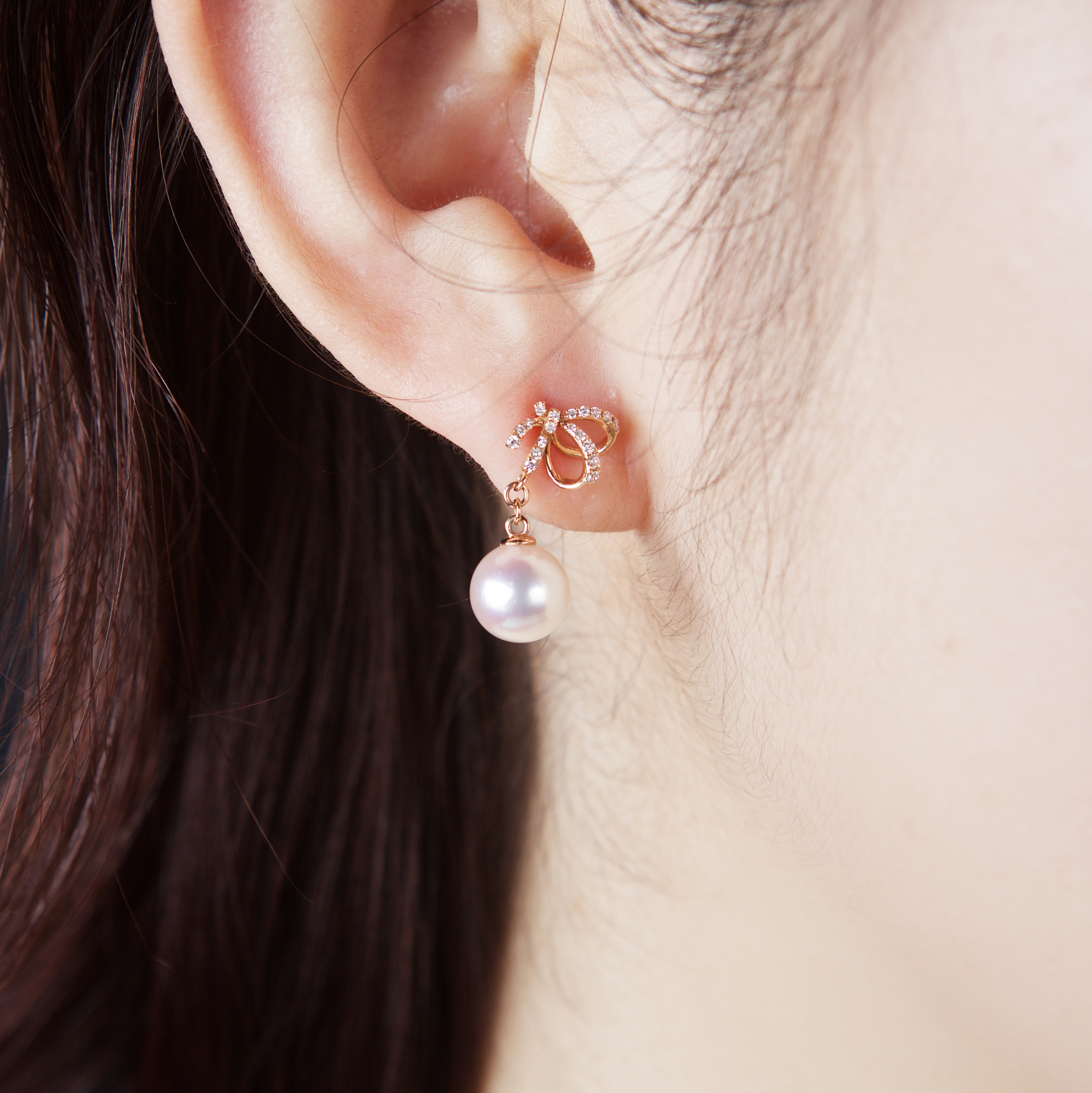 18k Rose Gold Akoya Pearl Ribbon and Bow Drop Earrings (PPE00002)