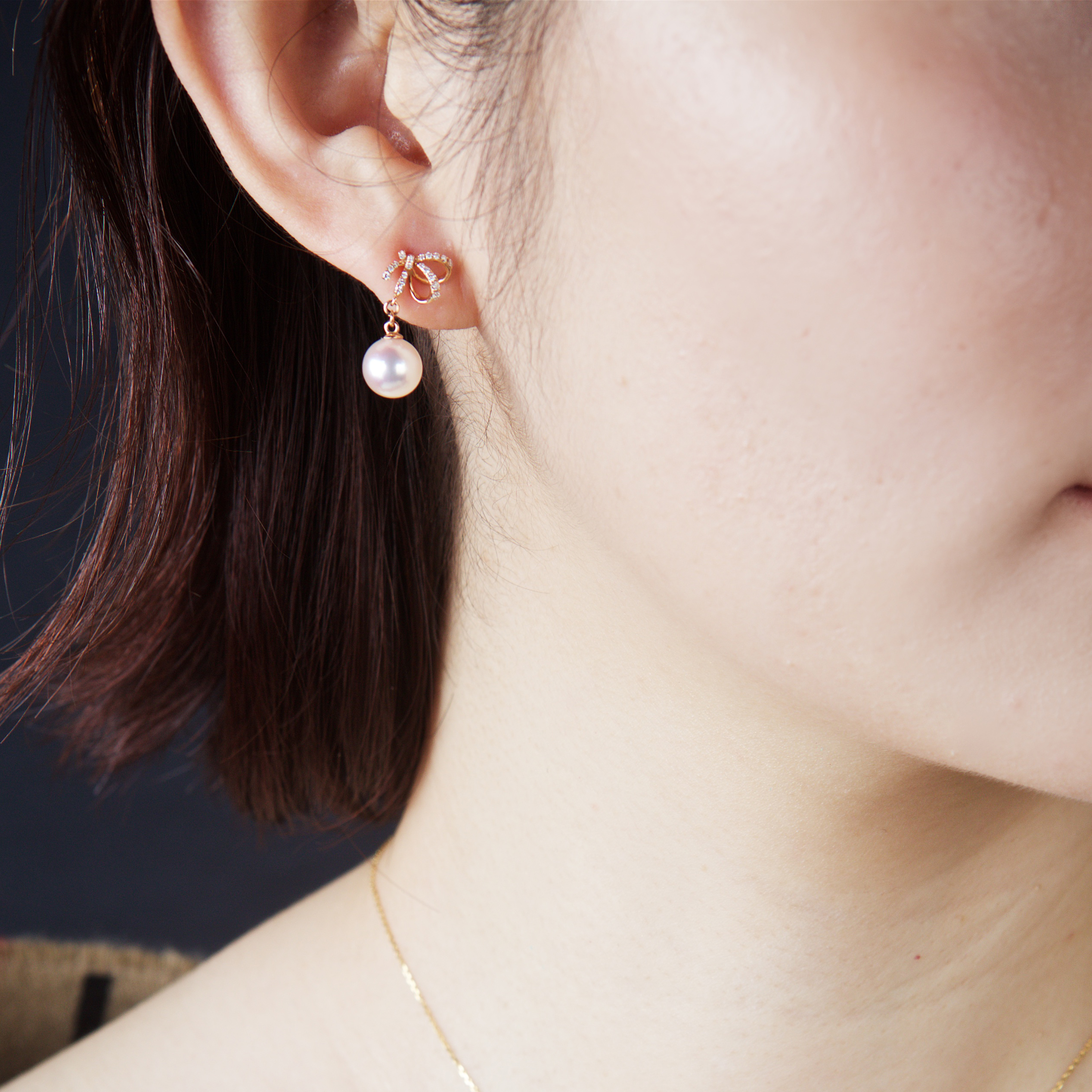 18k Rose Gold Akoya Pearl Ribbon and Bow Drop Earrings (PPE00002)