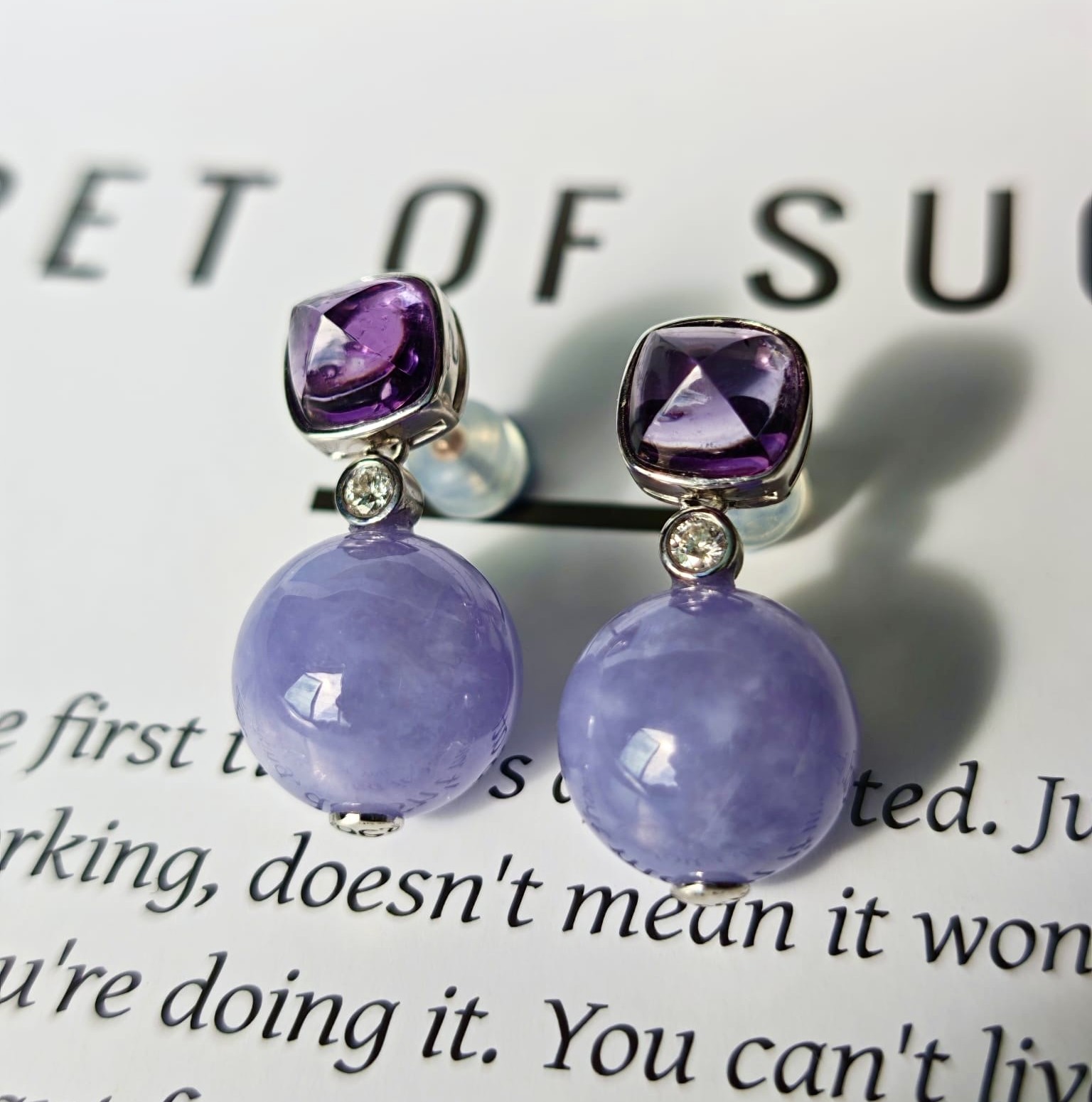 18K White Gold Lavender Beads Jade Earrings (PJA01406)