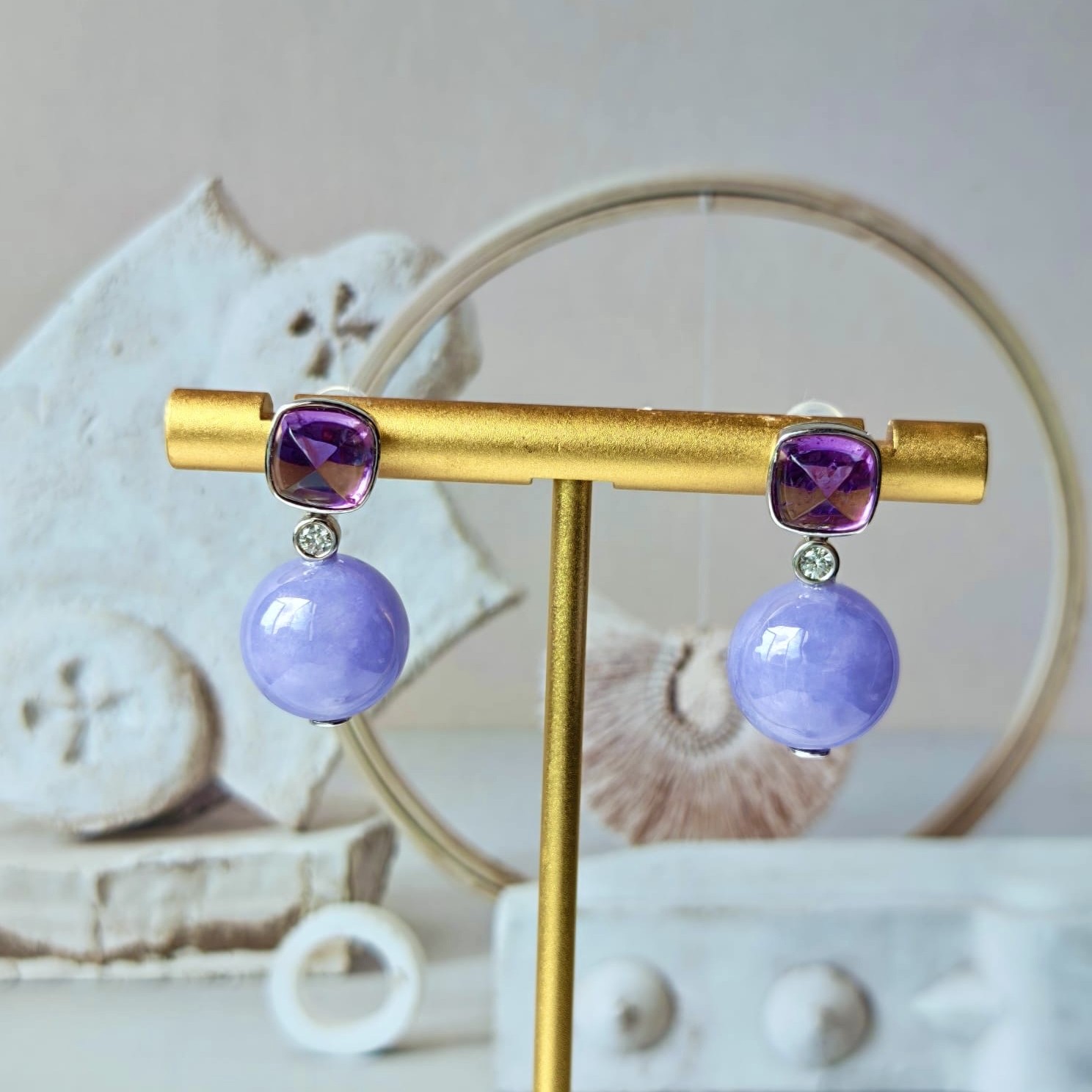 18K White Gold Lavender Beads Jade Earrings (PJA01406)