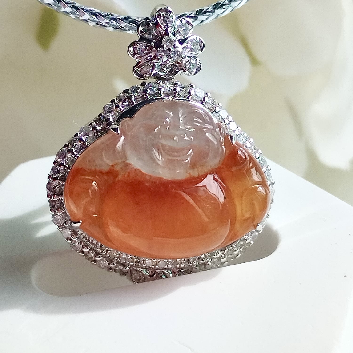 18K White Gold Fanta Orange Laughing Buddha Jade Pendant (PJA01052)