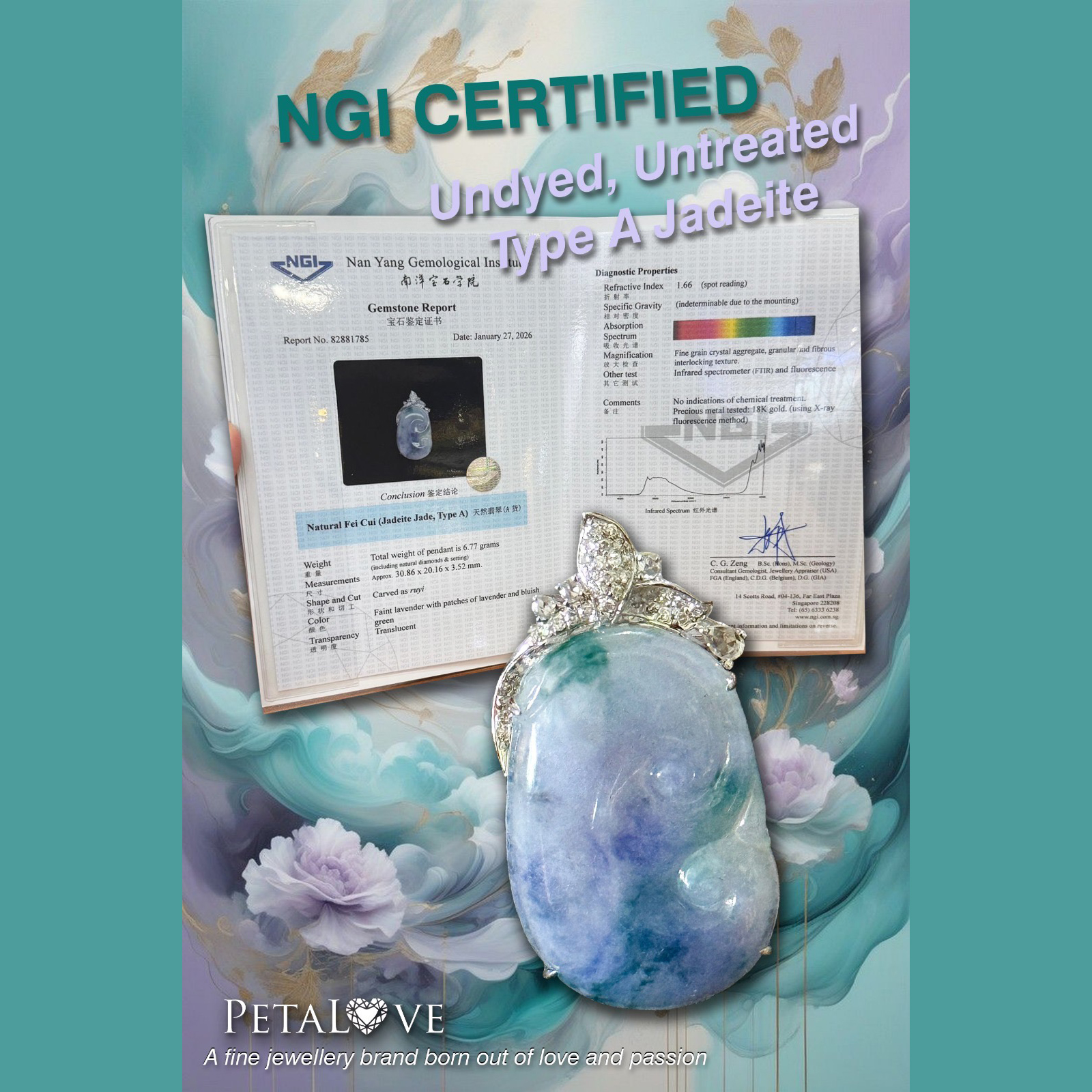 18K White Gold Ruyi Lavender Jade Pendant (PJA00361)