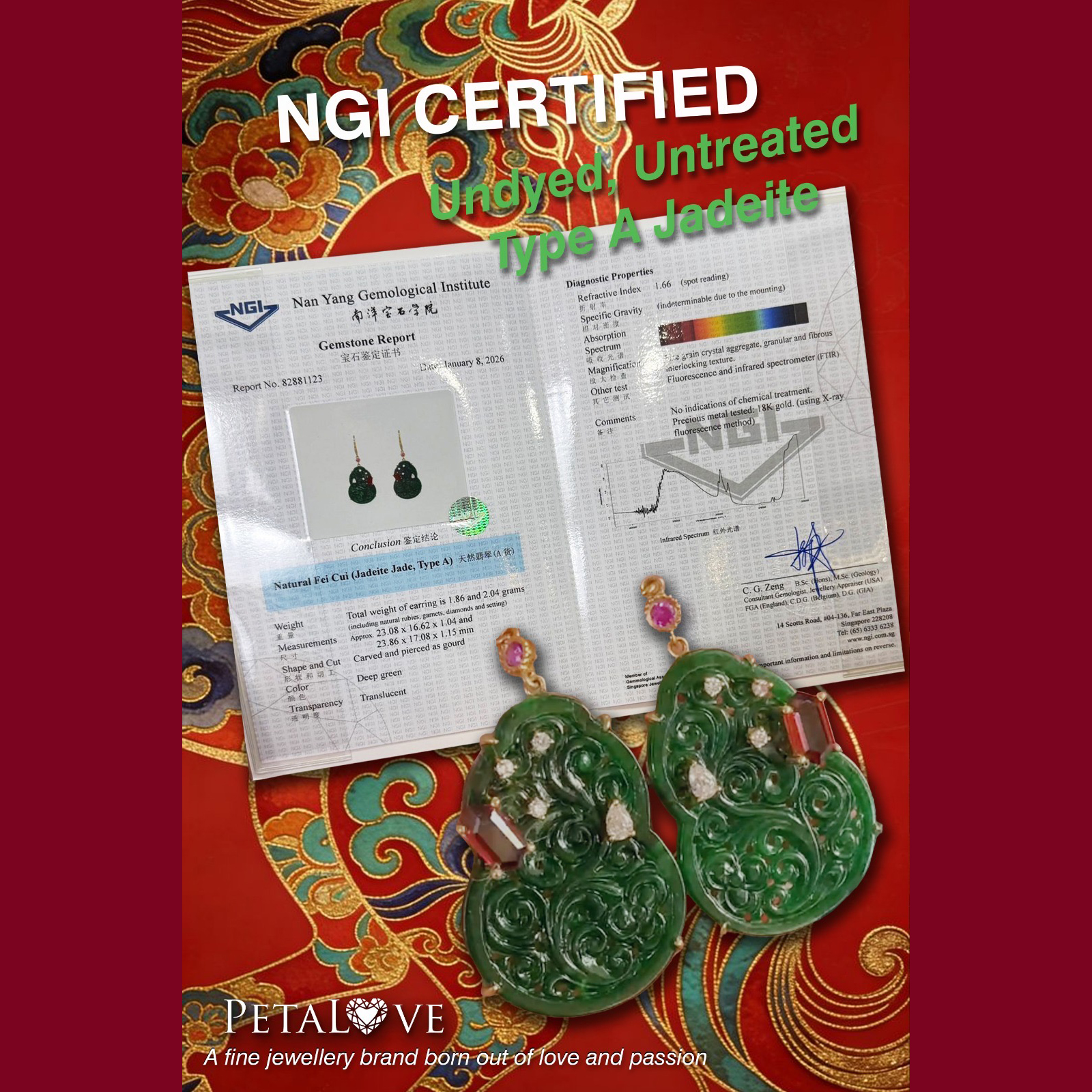 18K Yellow Gold Green Carved Hulu Jade Earrings (PJA00692)