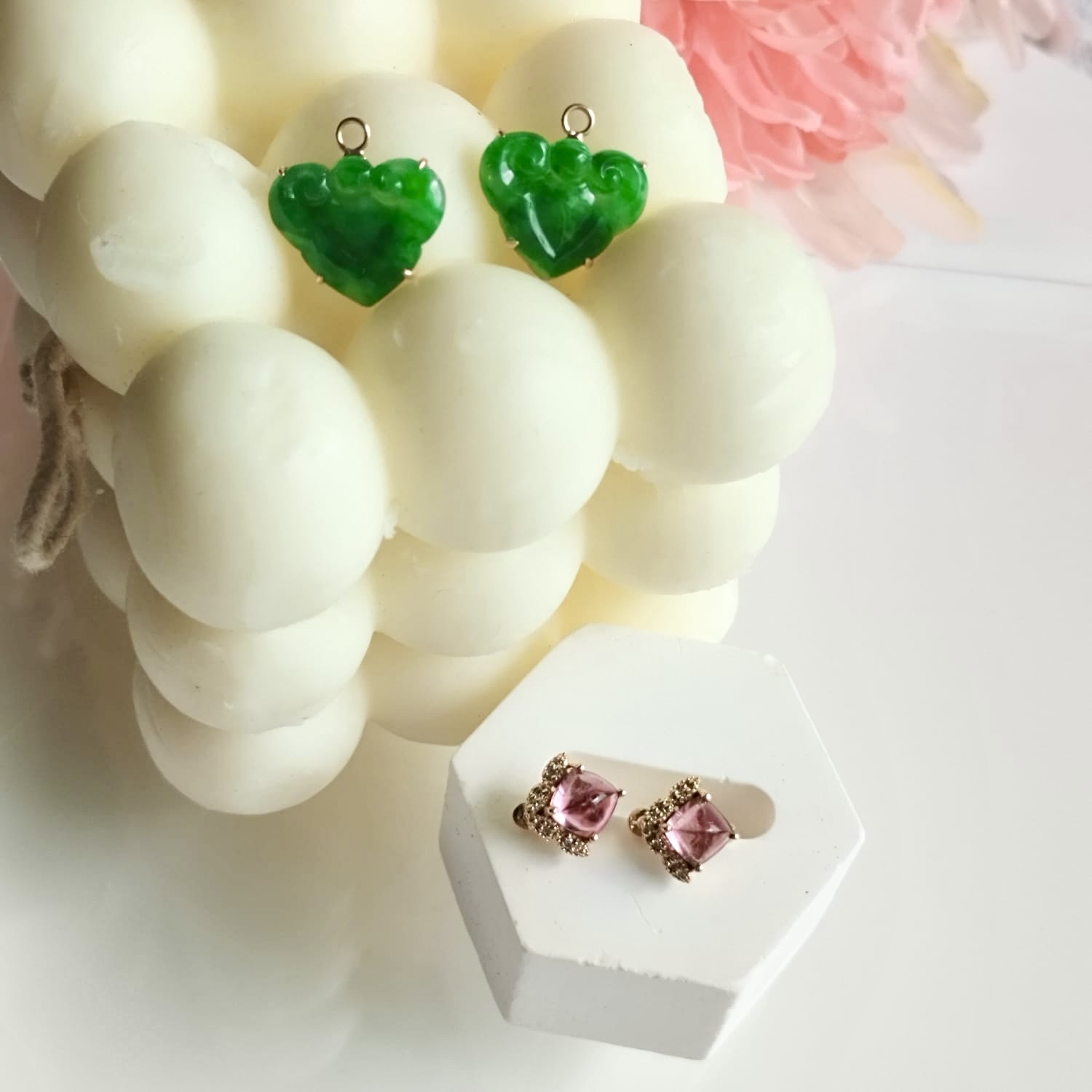 18K Yellow Gold Ruyi Jade & Tourmaline Earrings (PJA01053)