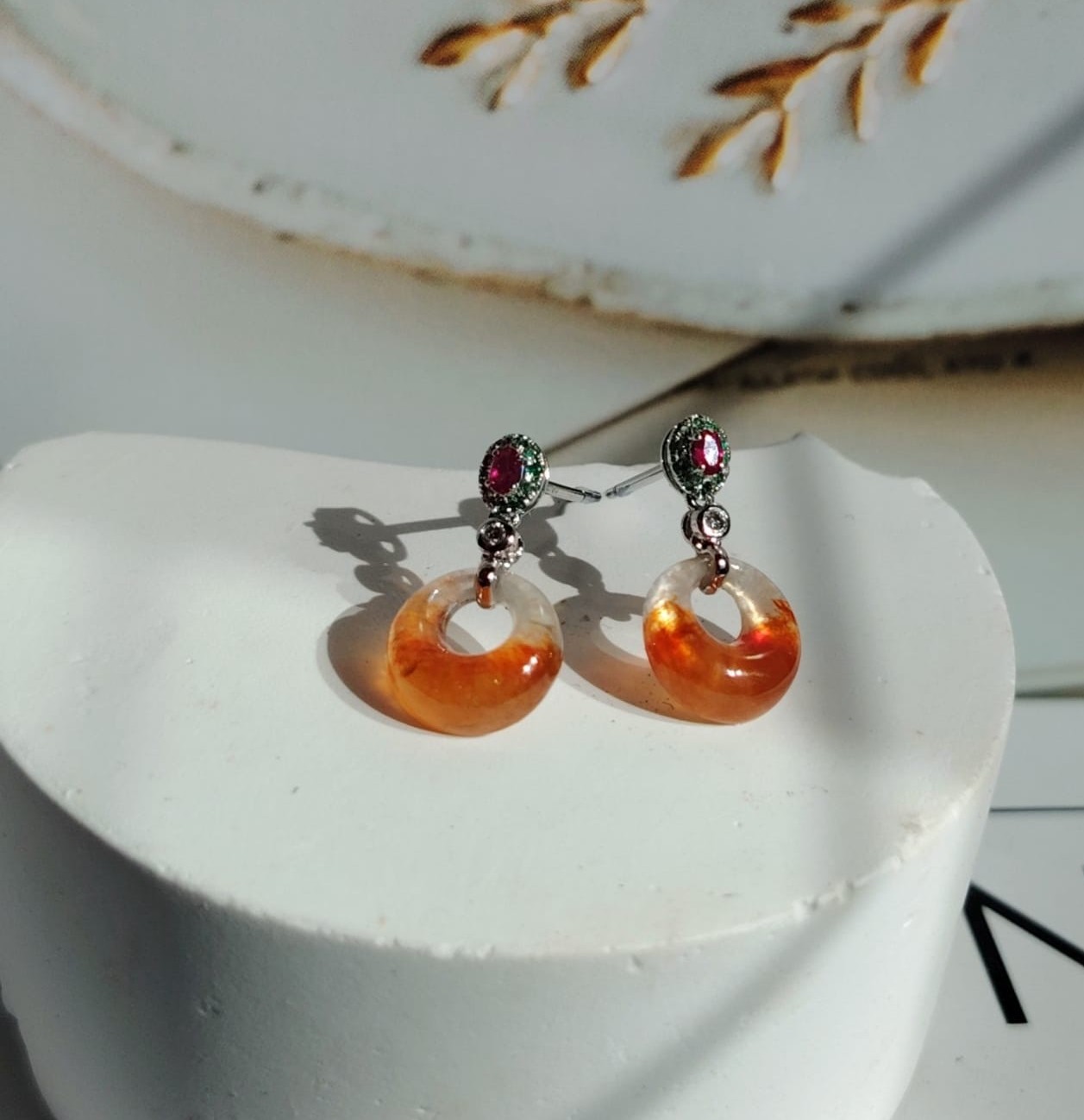 18K White Gold Icy Fanta Orange Princess Safety Coin "公主平安扣“Jade Earrings (PJA01357)