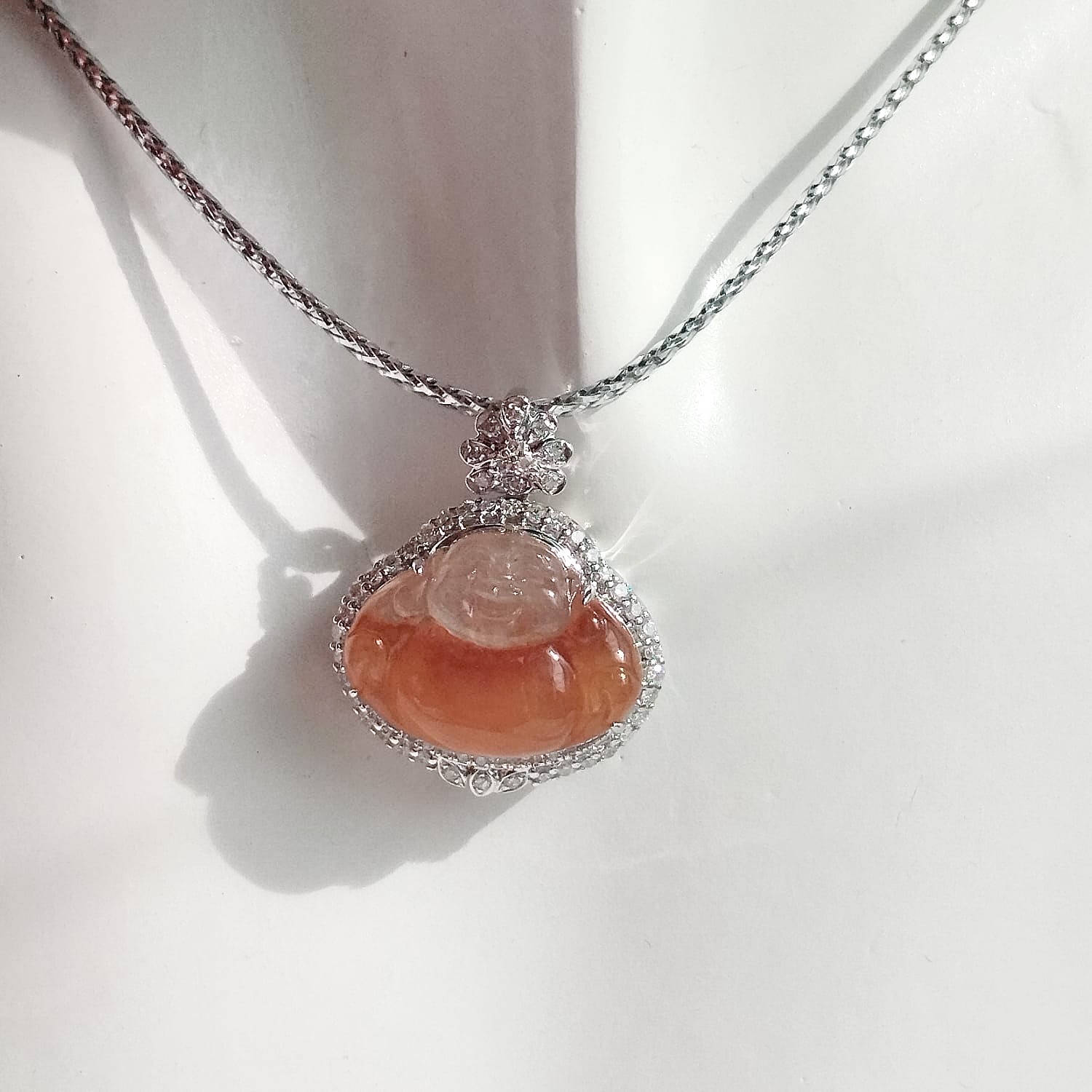 18K White Gold Fanta Orange Laughing Buddha Jade Pendant (PJA01052)